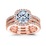Cushion Halo 3 piece wedding rings in rose gold - stacked