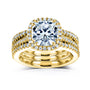 Cushion Halo 3 piece wedding rings in yellow gold - stacked