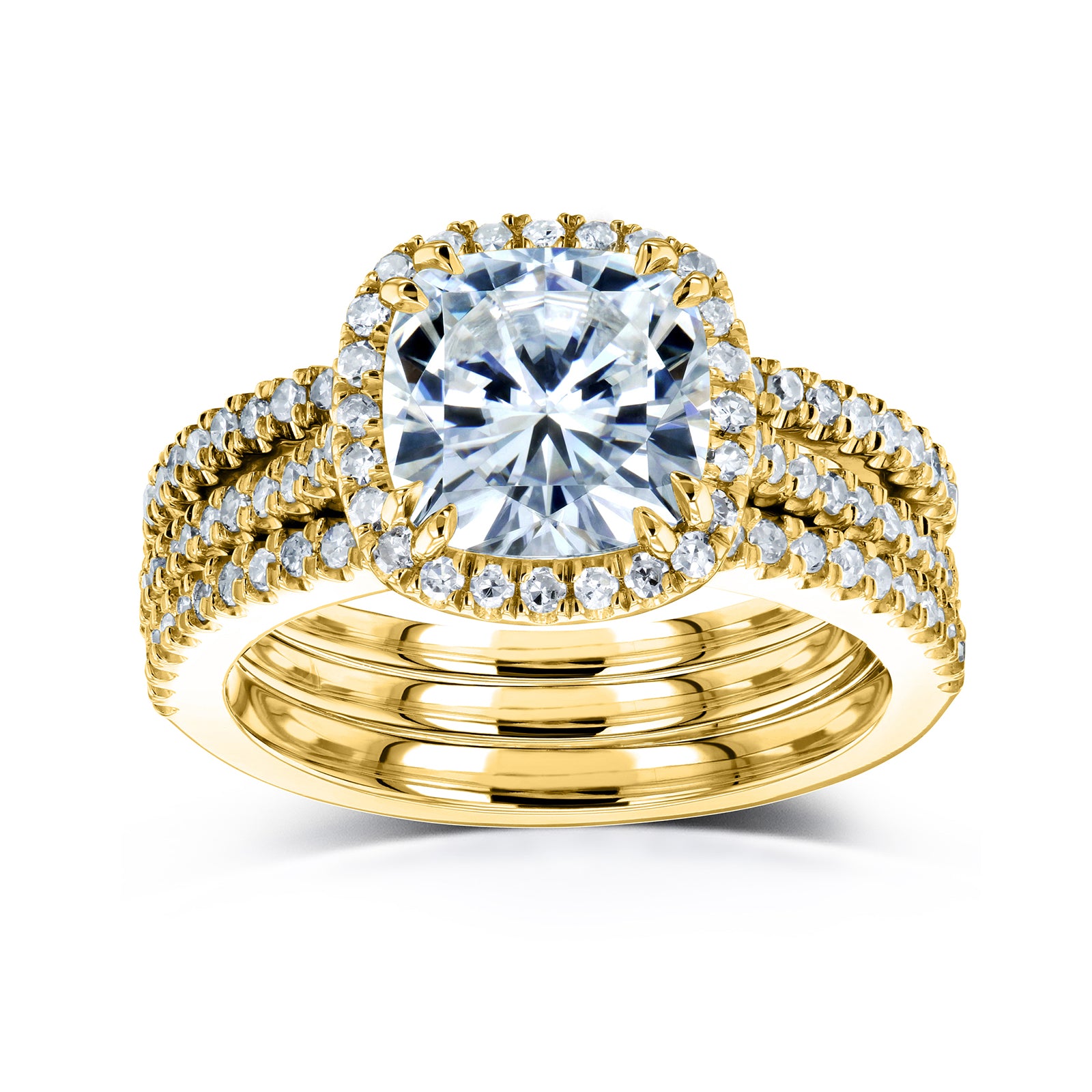 Cushion Halo 3 piece wedding rings in yellow gold - stacked