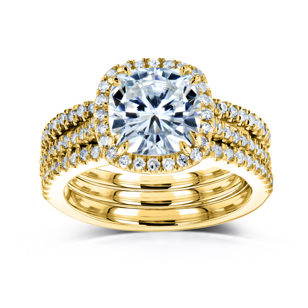 2.4 Carat Lab Grown Diamond Cushion Capri 3pc Bridal Set in Yellow Gold