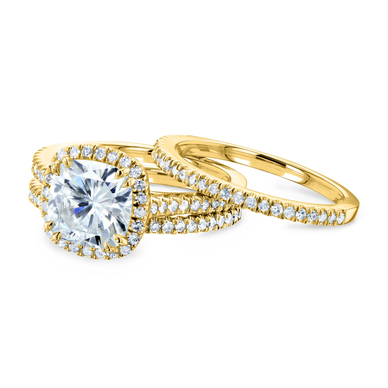 Cushion Halo 3 piece wedding rings in yellow gold