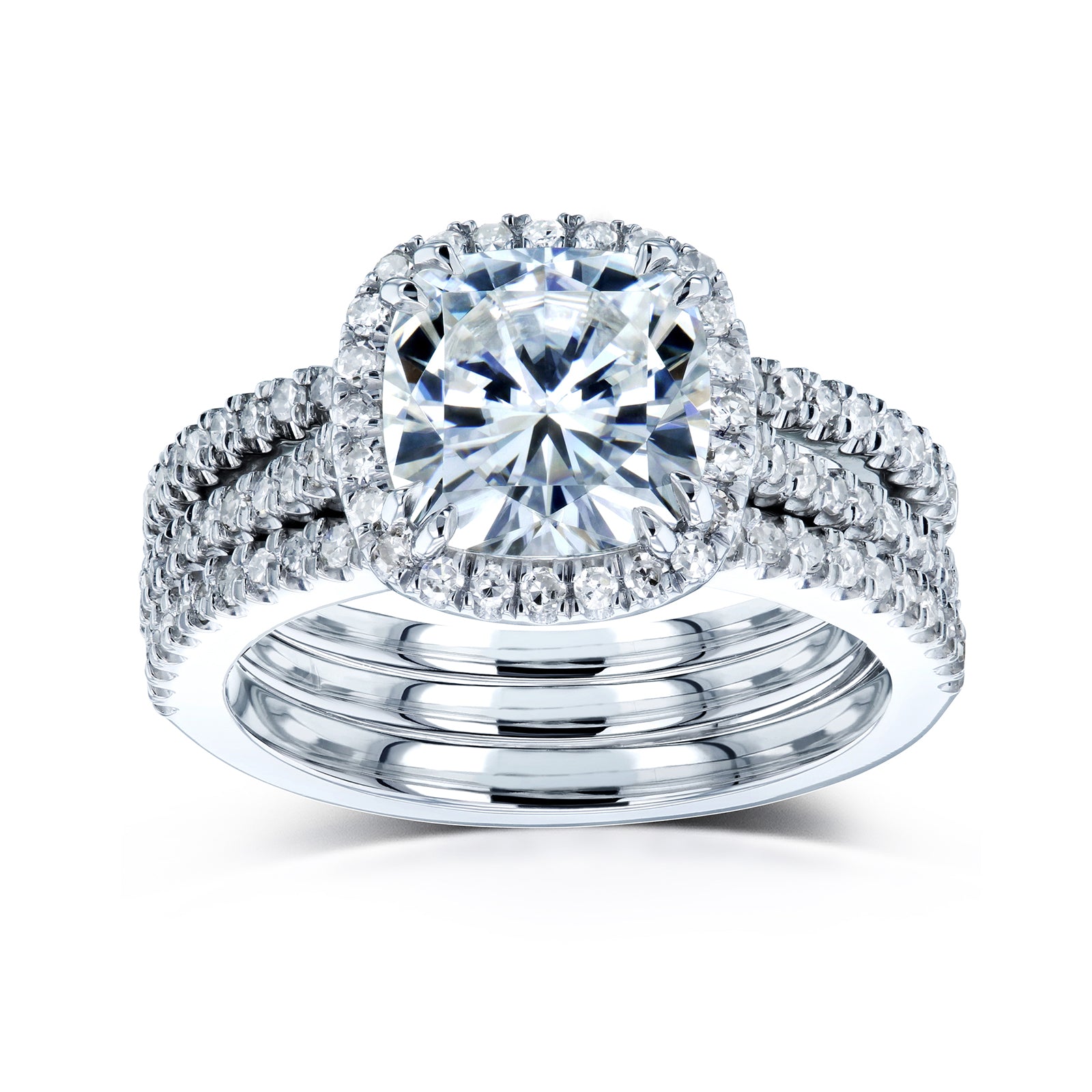 Cushion Halo 3 piece wedding rings in white gold - stacked
