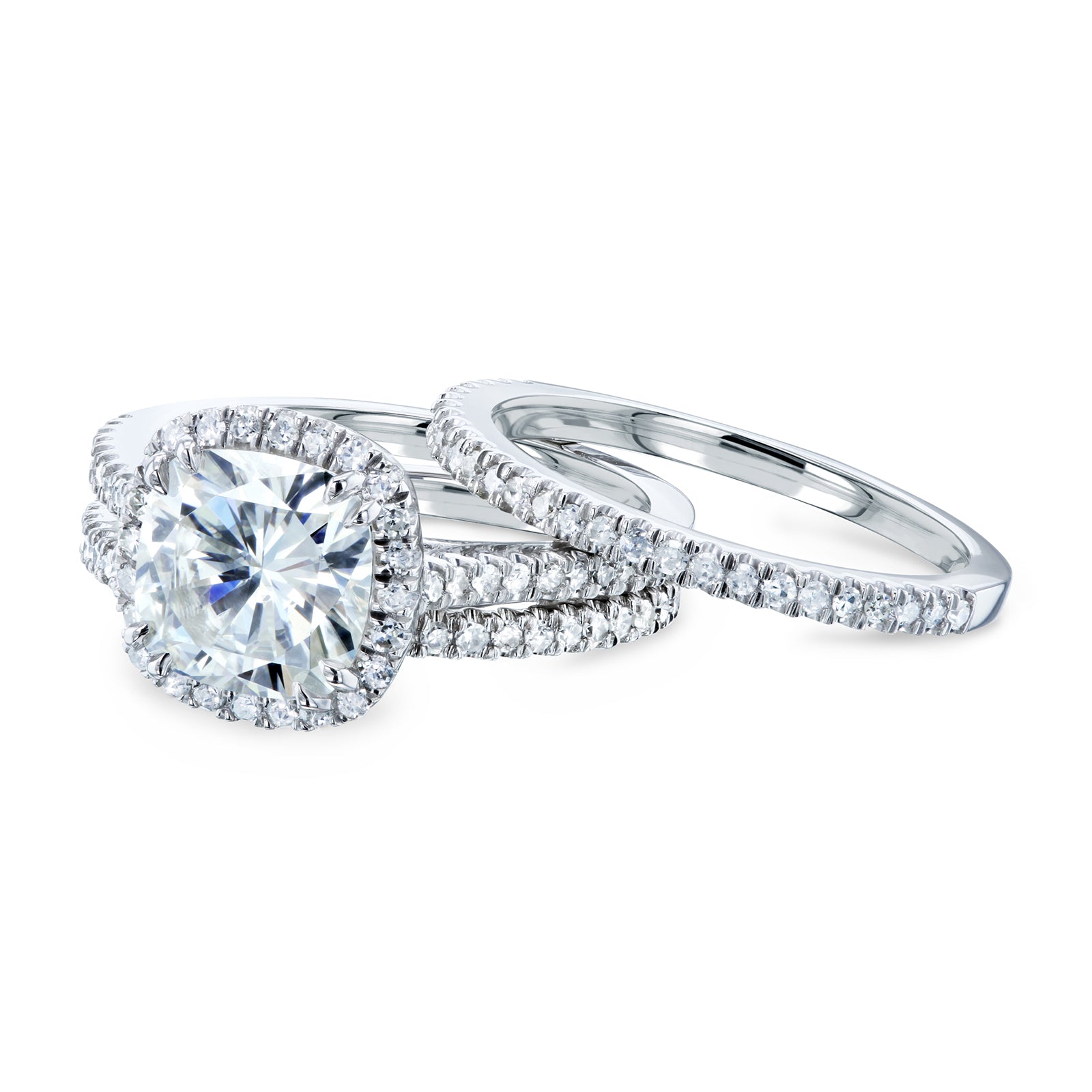Cushion Halo 3 piece wedding rings in white gold