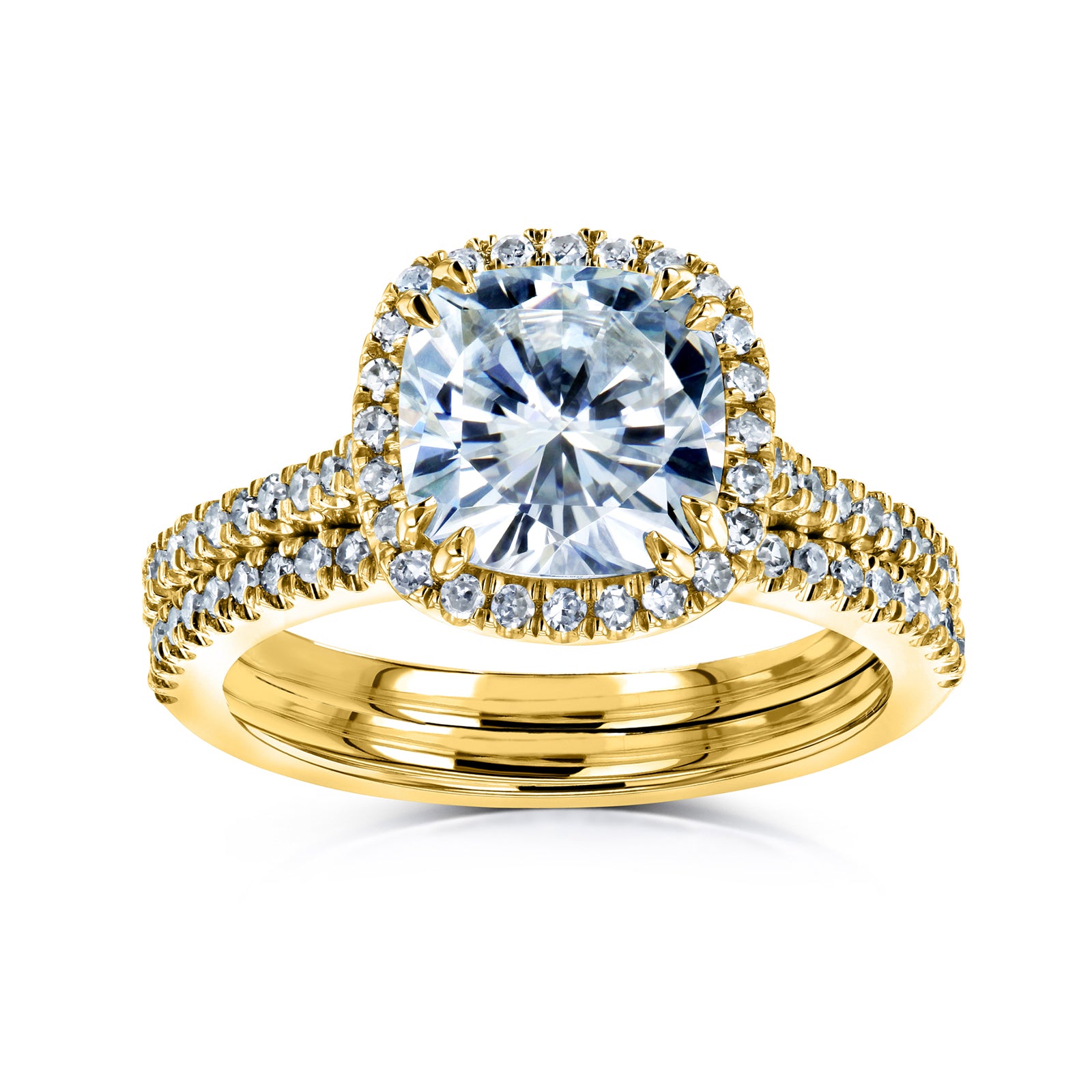 Cushion Halo 2 piece wedding rings in yellow gold - stacked