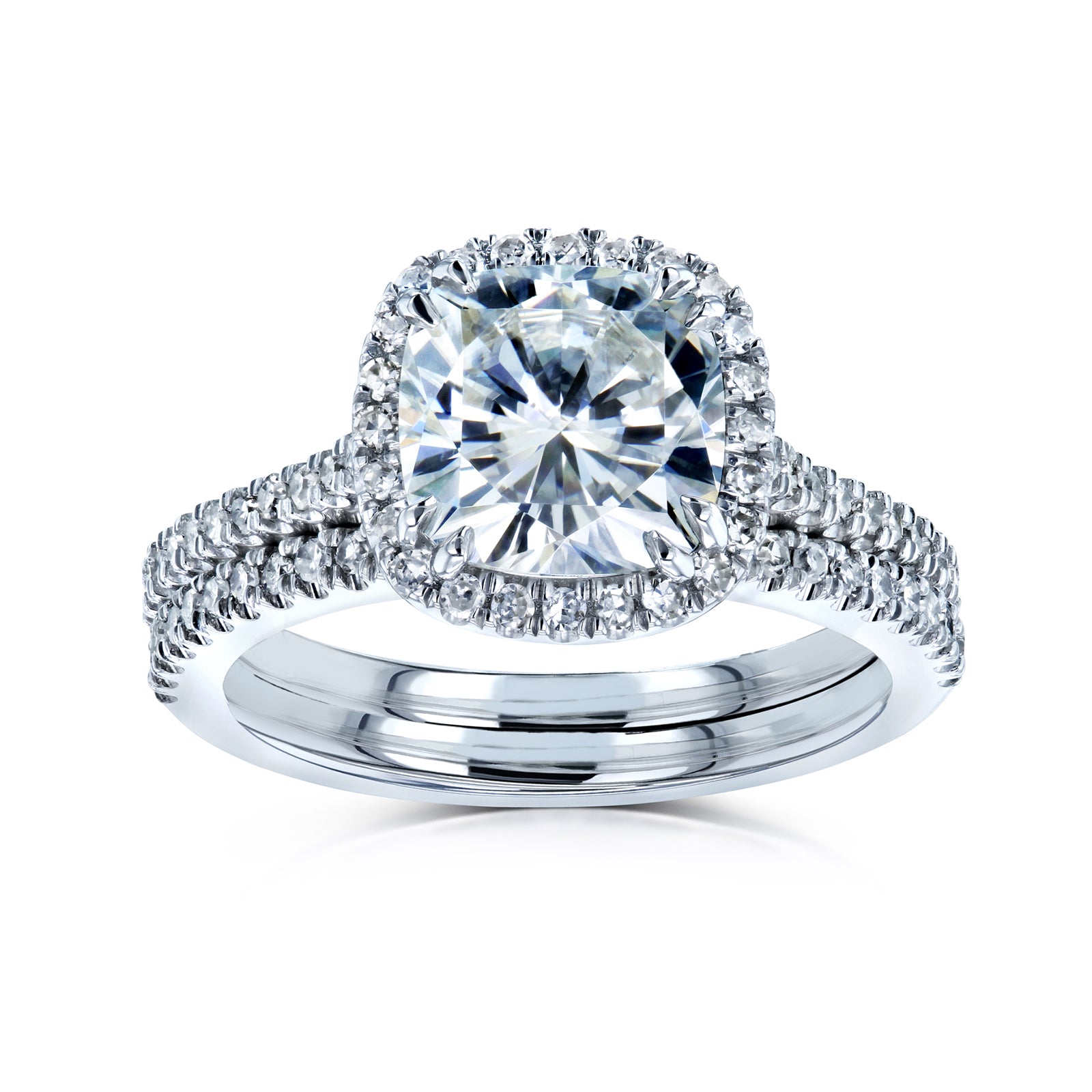 Cushion Halo 2 piece wedding rings in white gold - stacked
