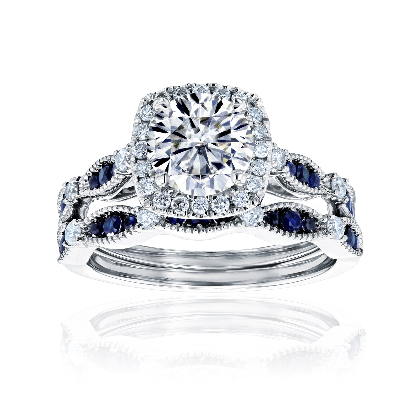 Round Halo Sapphire Scallop Bridal Set