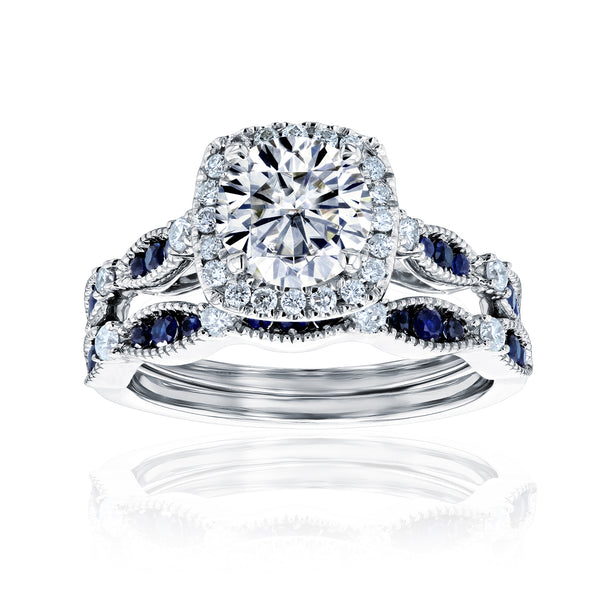 Round Halo Sapphire Scallop Bridal Set