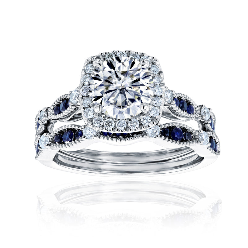 Round Halo Sapphire Scallop Bridal Set