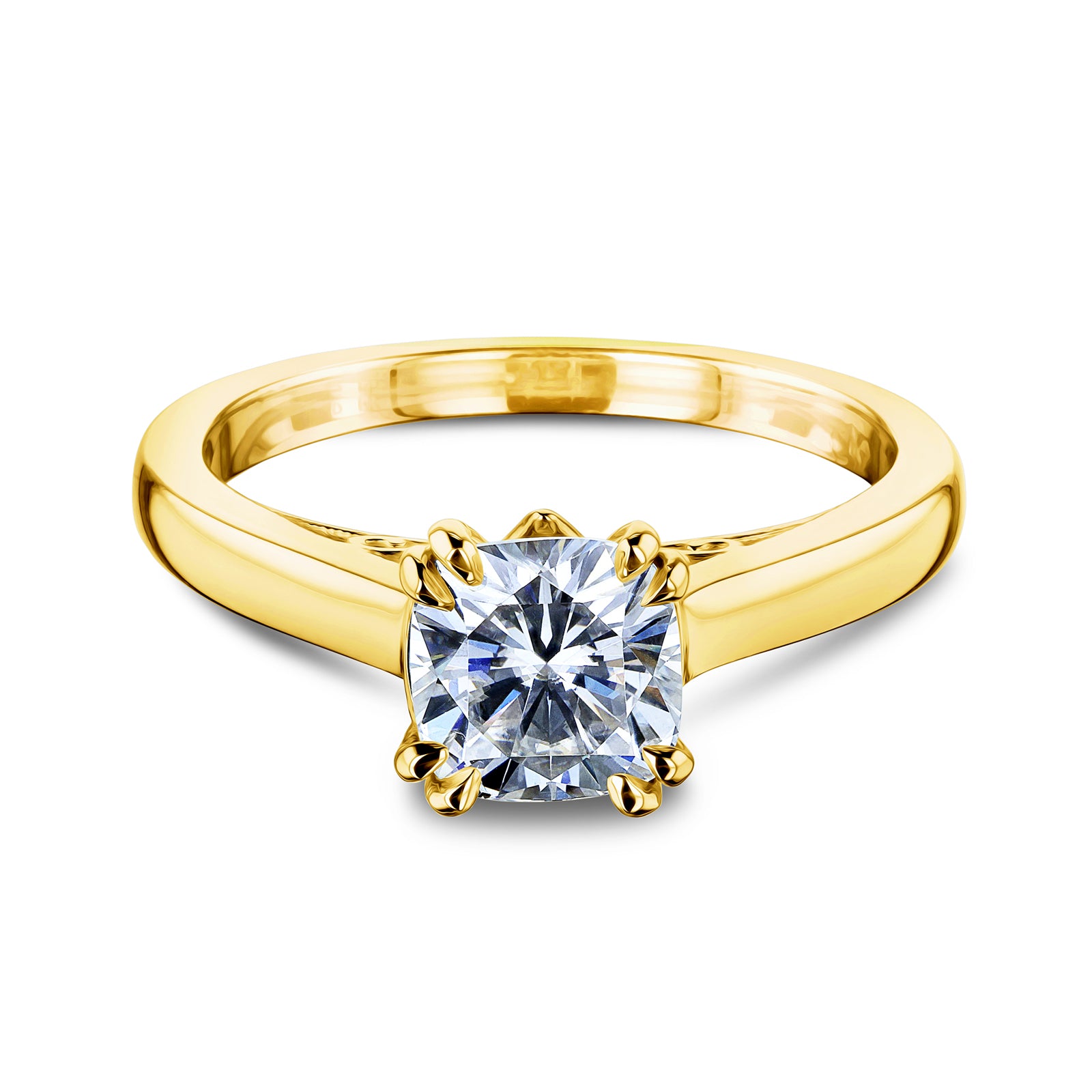 1.1 Carat Moissanite Solitaire Volutes Double Prong Cushion Ring
