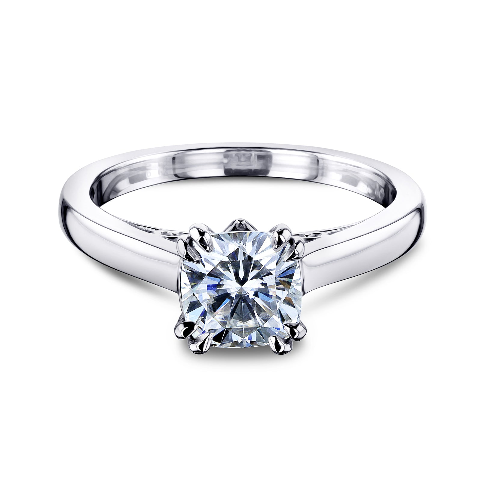 1.1 Carat Moissanite Solitaire Volutes Double Prong Cushion Ring