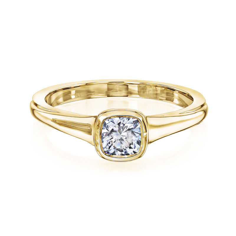 Half Carat Cushion Bezel Ring in Yellow Gold