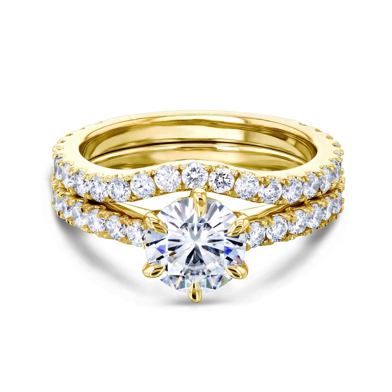 Kobelli 6-Prong Round Stone Over Near Eternity Bands in Yellow Gold - Wedding band contours to orbit around the low-set center stone