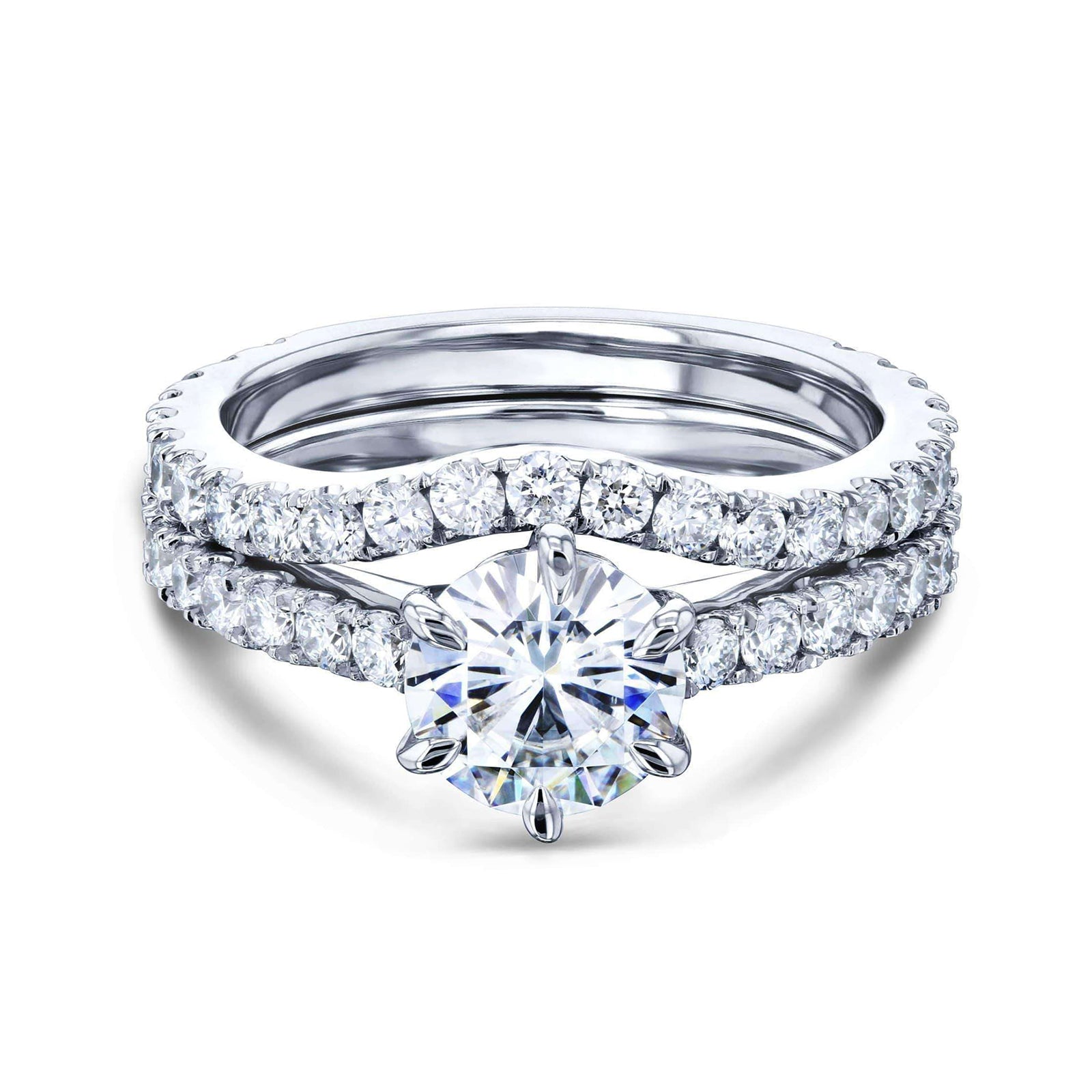 Kobelli 6-Prong Round Stone Over Near Eternity Bands in White Gold - Wedding band contours to orbit around the low-set center stone