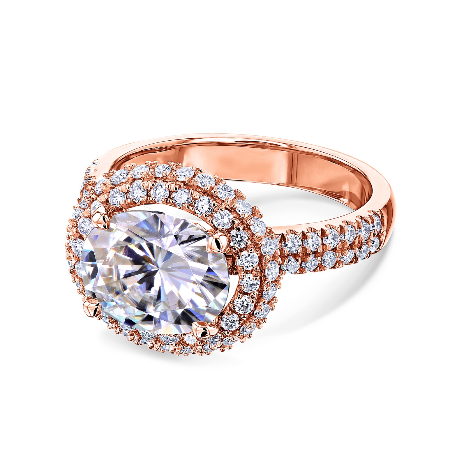Kobelli East West Double Halo Statement Ring in Rose Gold - Double Row Half Eternity Band