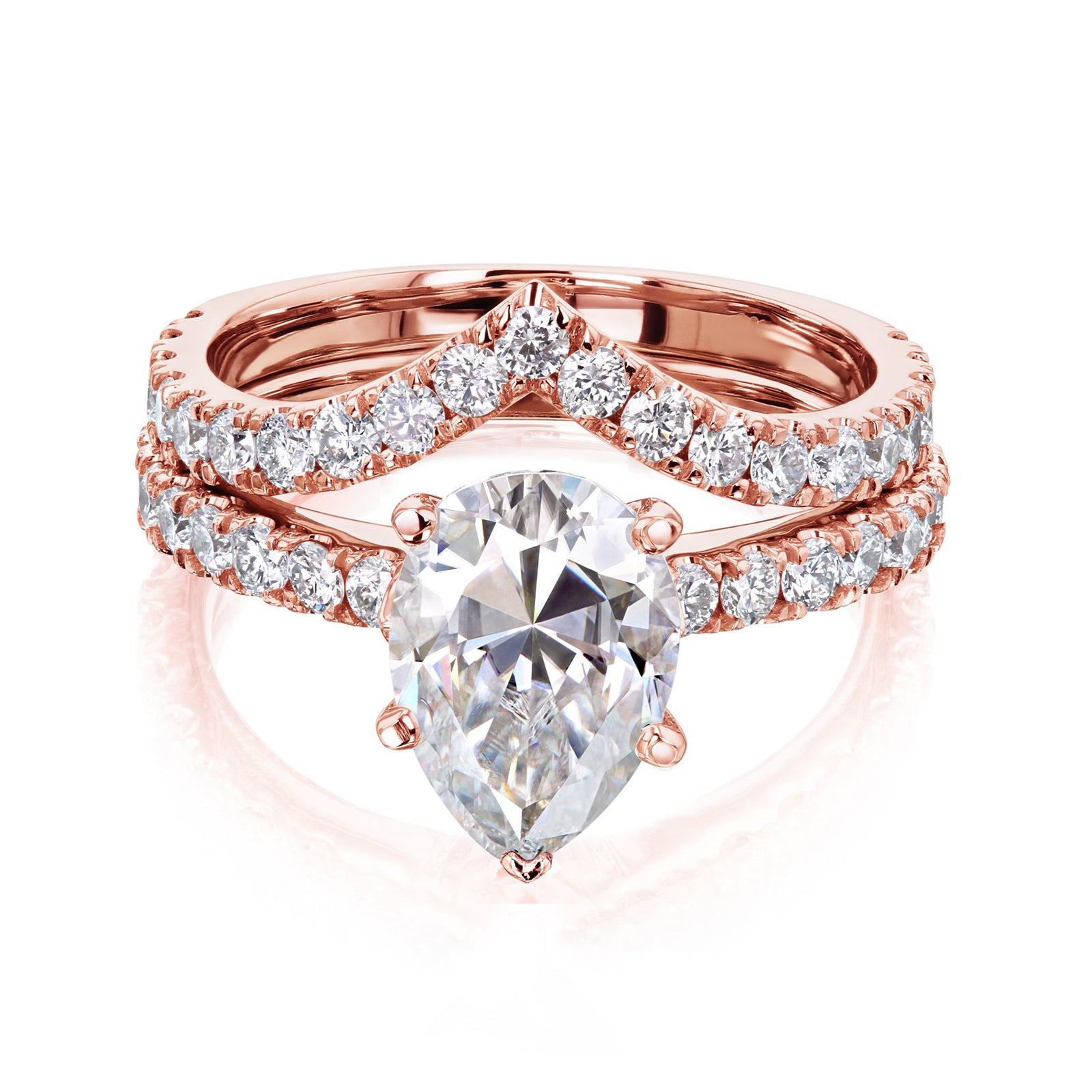 3.1 Carat Moissanite and Diamond Pear Madison Chevron Bridal Set - rose gold option