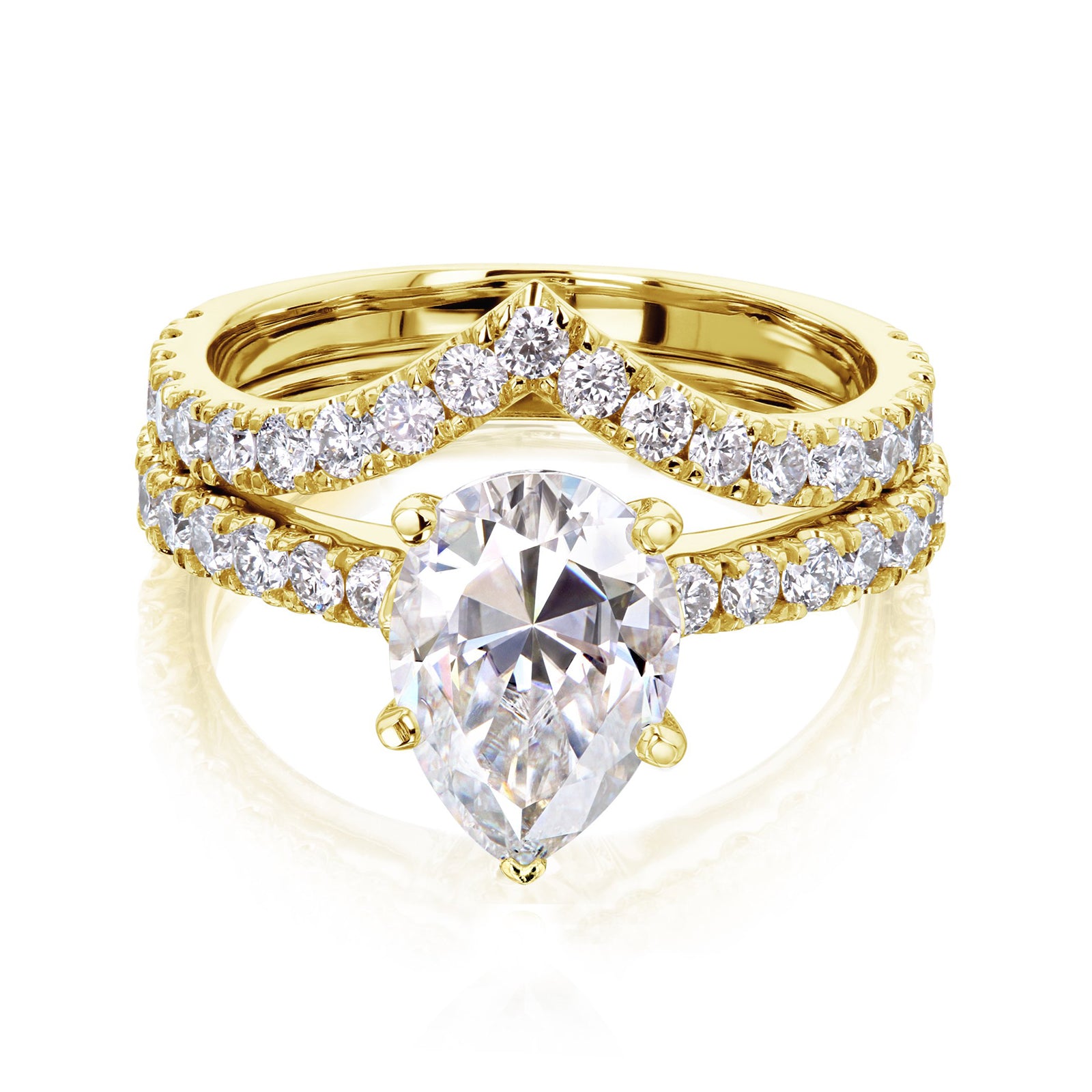 3.1 Carat Moissanite and Diamond Pear Madison Chevron Bridal Set - yellow gold option