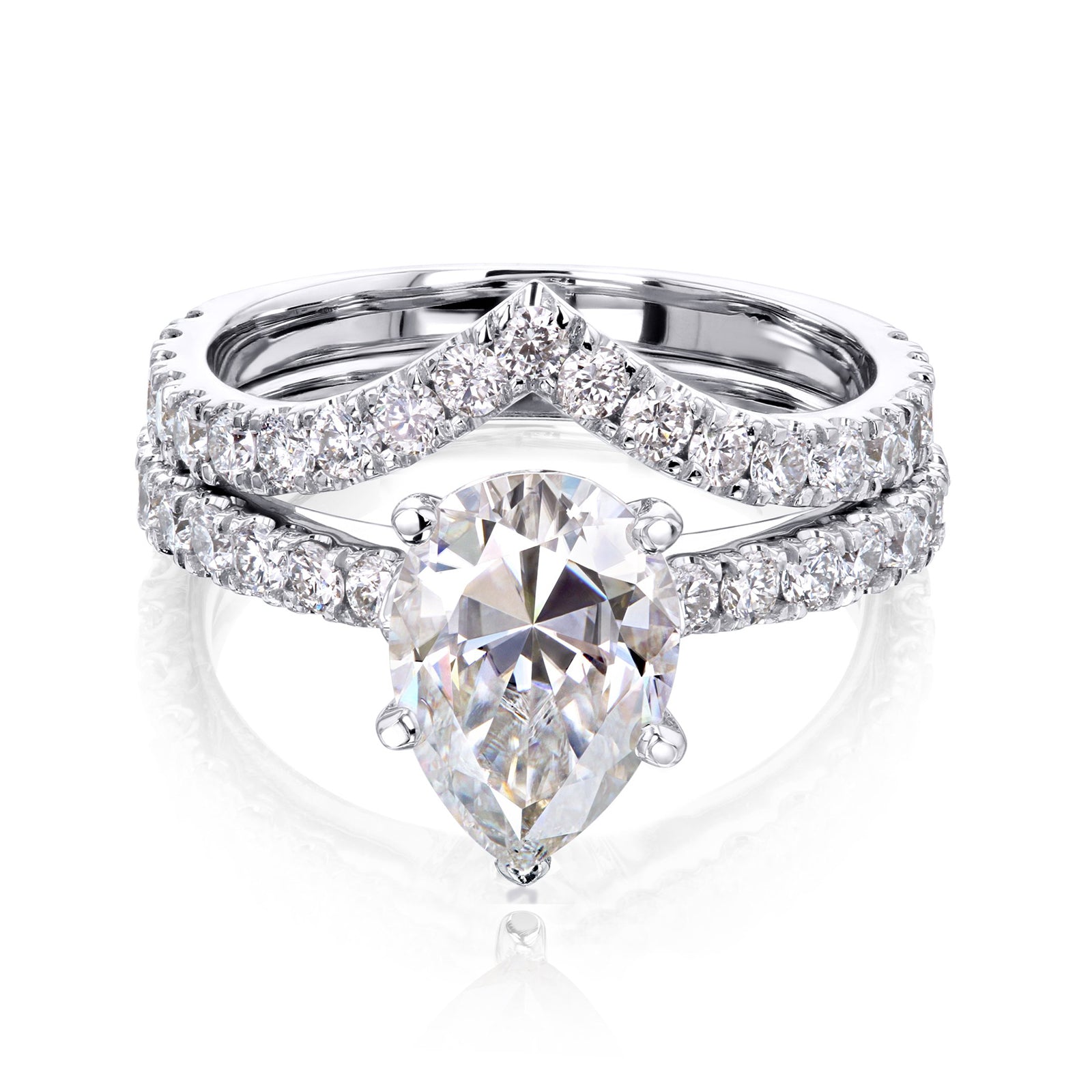 3.1 Carat Moissanite and Diamond Pear Madison Chevron Bridal Set - white gold option