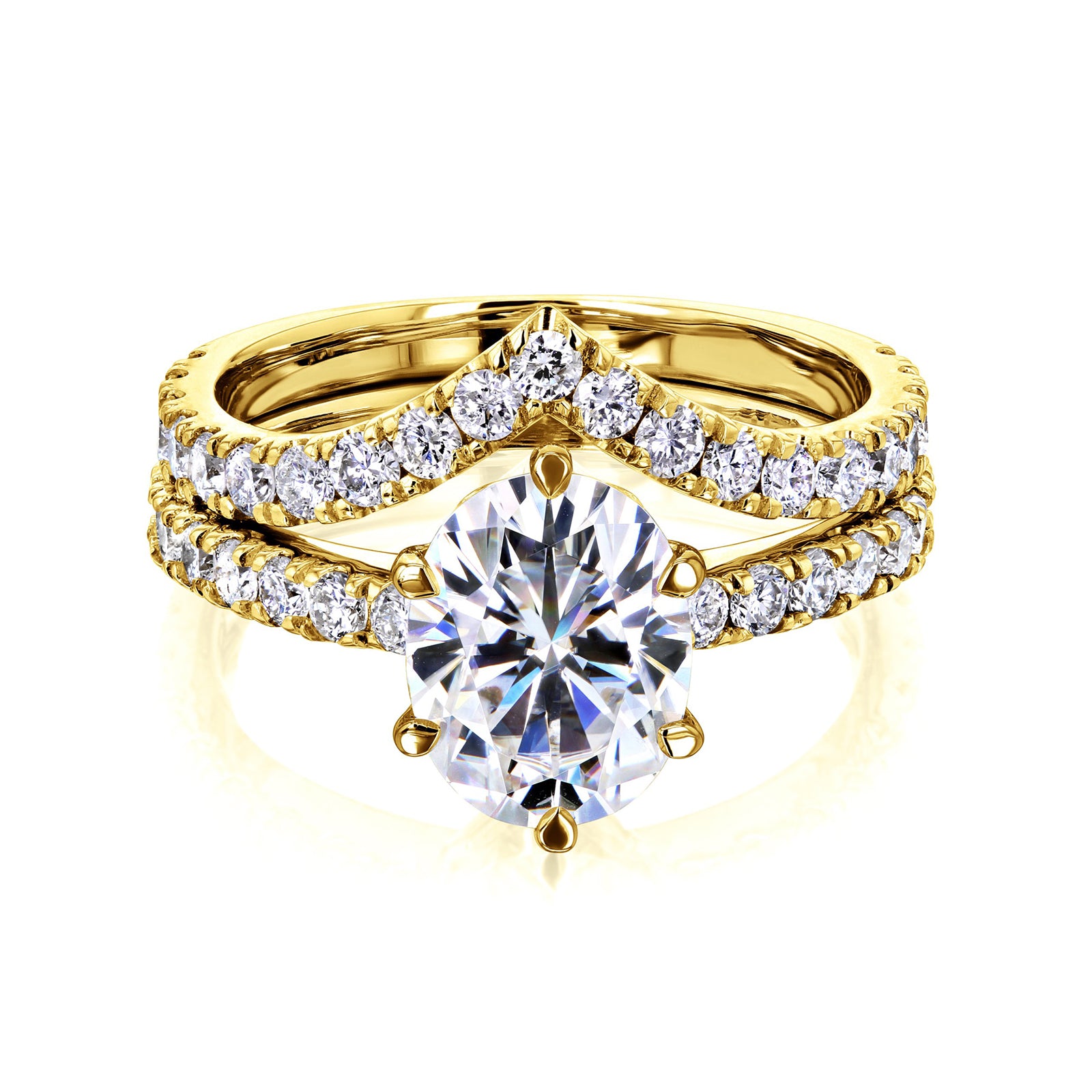 3 Carat Moissanite and Natural Diamond Oval Madison Bridal Set in Yellow Gold