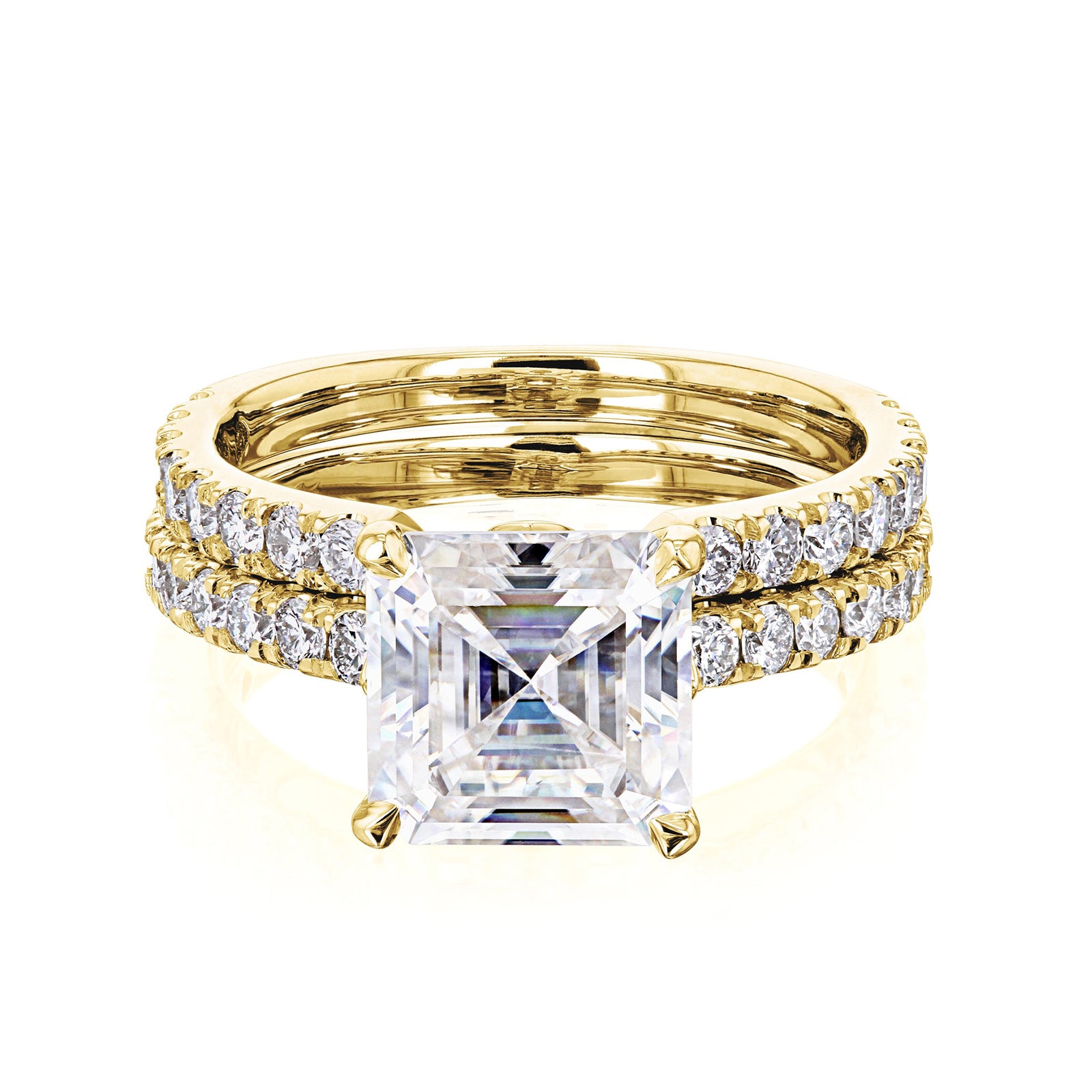 3 Carat Moissanite and Diamond Asscher Madison Bridal Set - yellow gold option