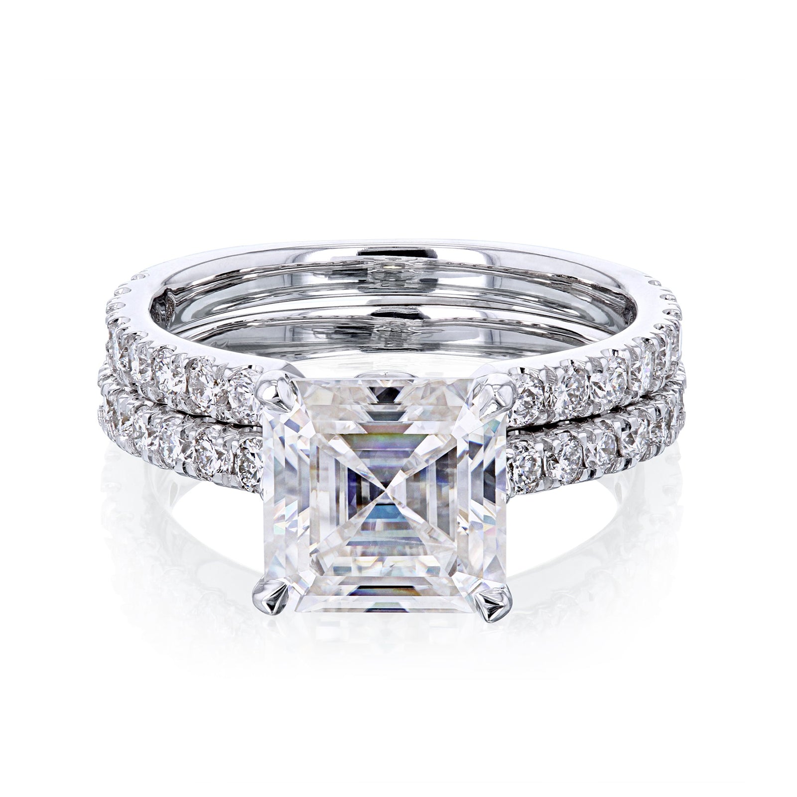 3 Carat Moissanite and Diamond Asscher Madison Bridal Set - white gold option