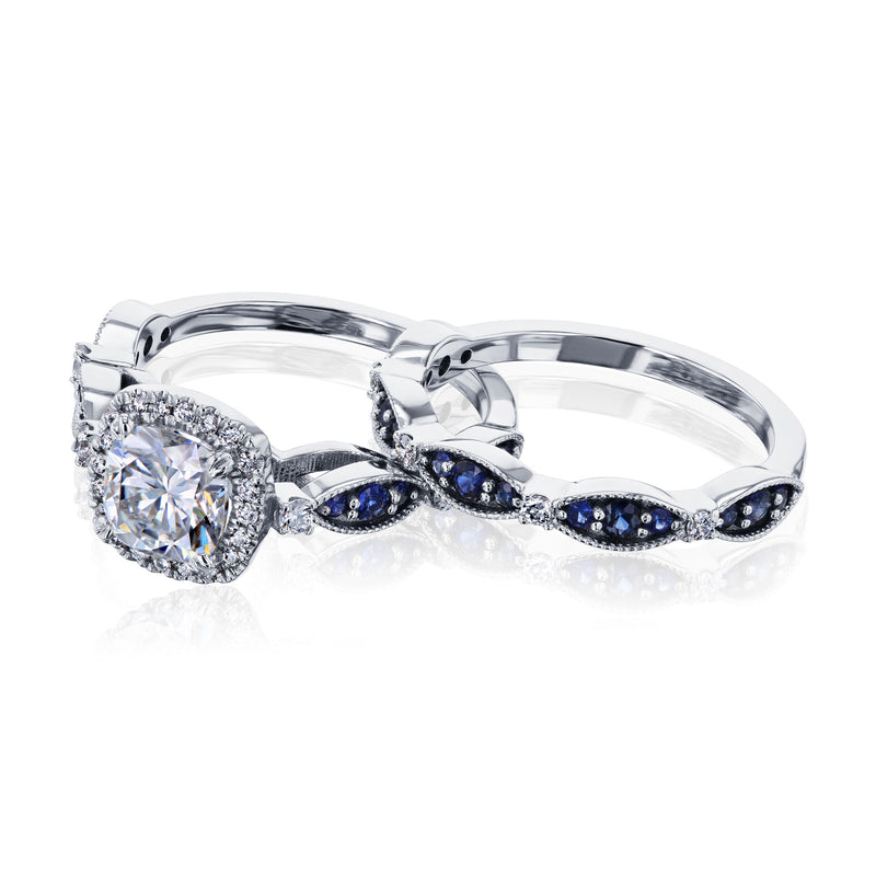 Cushion Halo Sapphire Eyelet Bridal Set