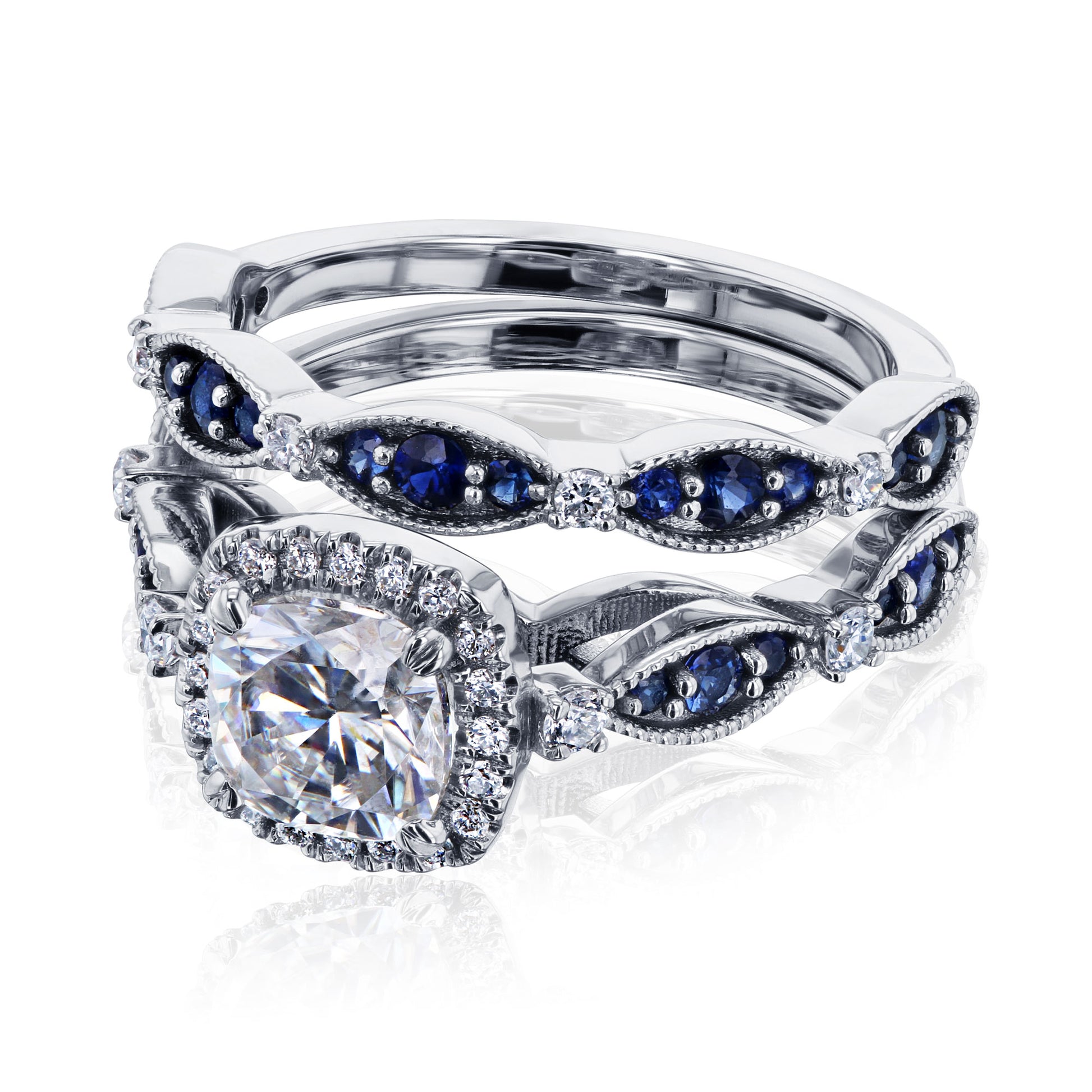 Cushion Halo Sapphire Eyelet Bridal Set