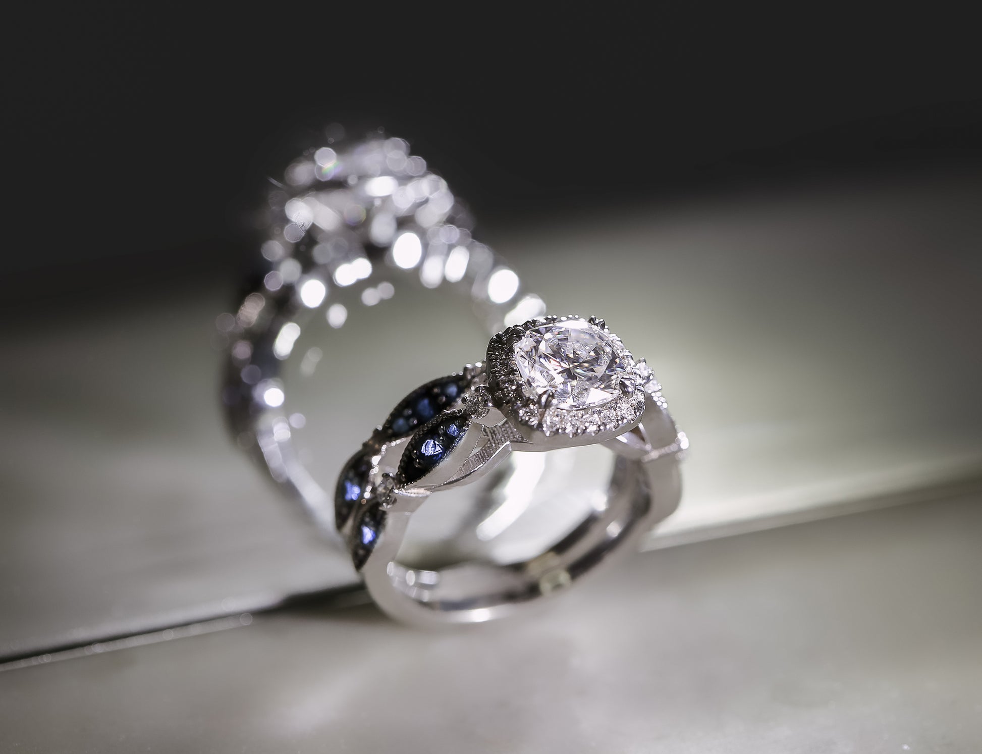 Cushion Halo Sapphire Eyelet Bridal Set