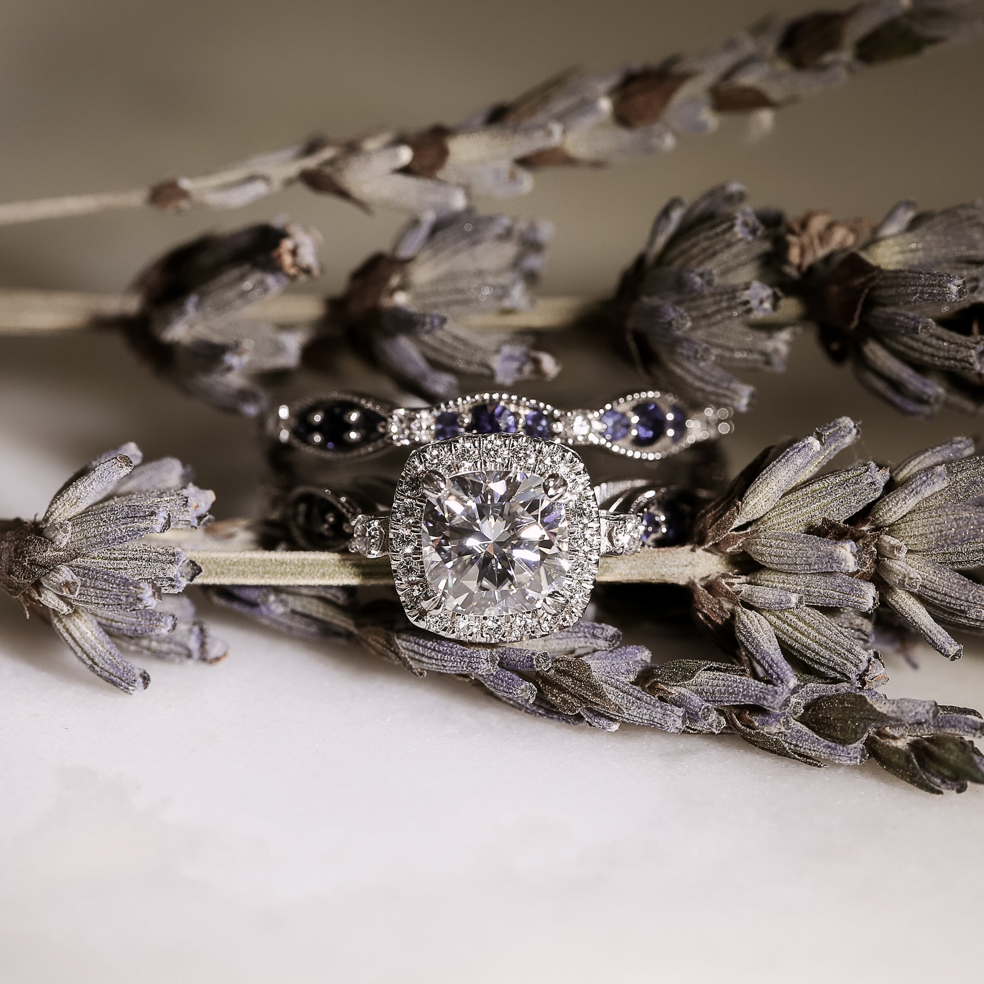 Cushion Halo Sapphire Eyelet Bridal Set