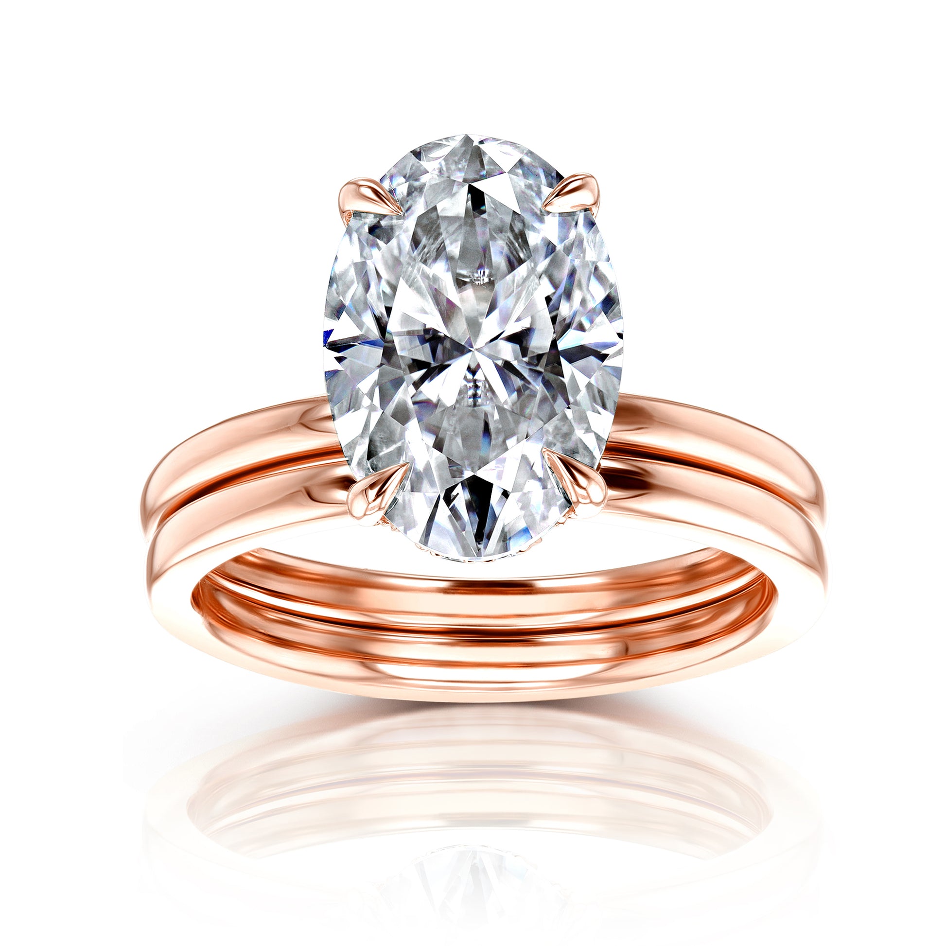 12x8mm Oval Hidden Halo Plain Bands Bridal Set in Rose Gold