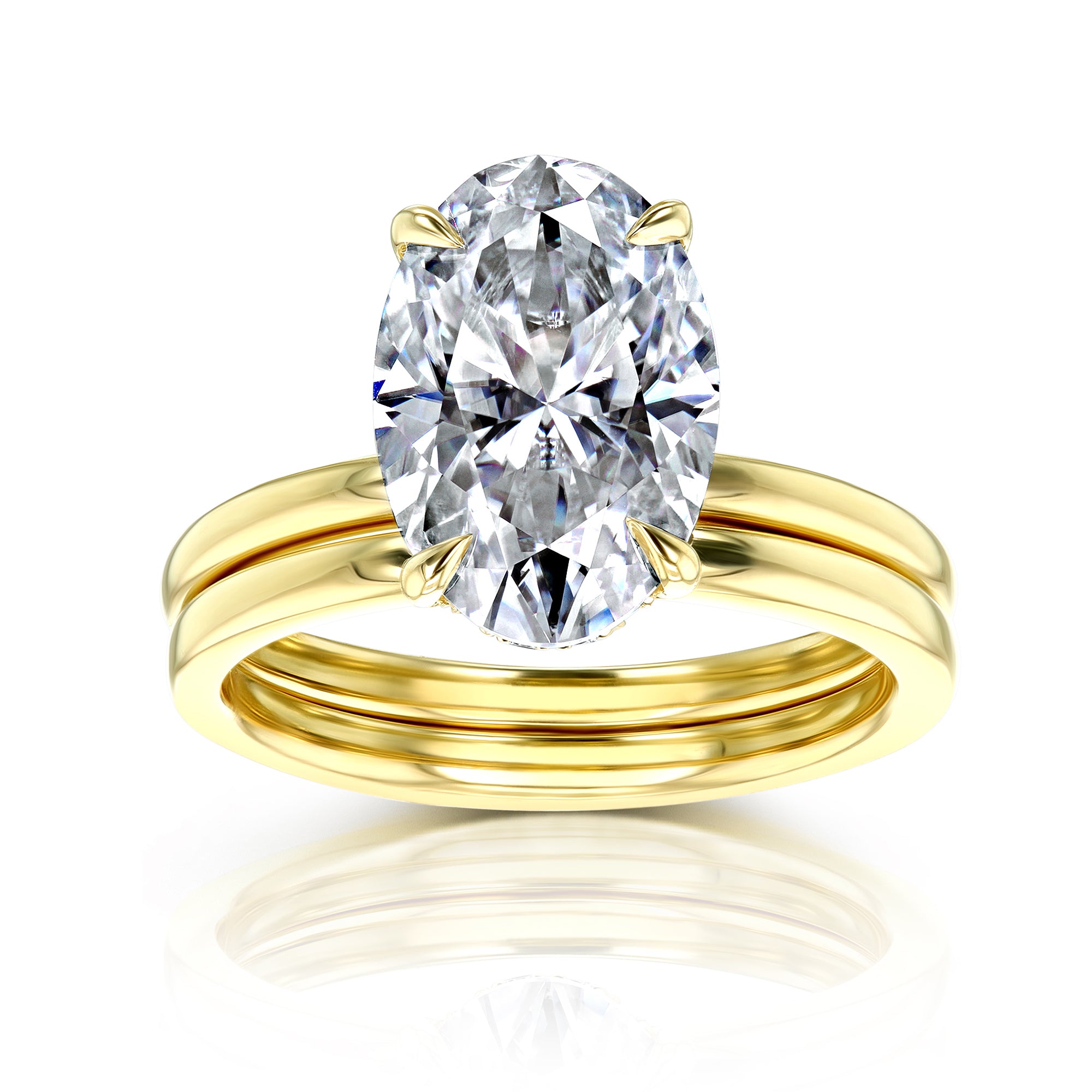 12x8mm Oval Hidden Halo Plain Bands Bridal Set in Yellow Gold