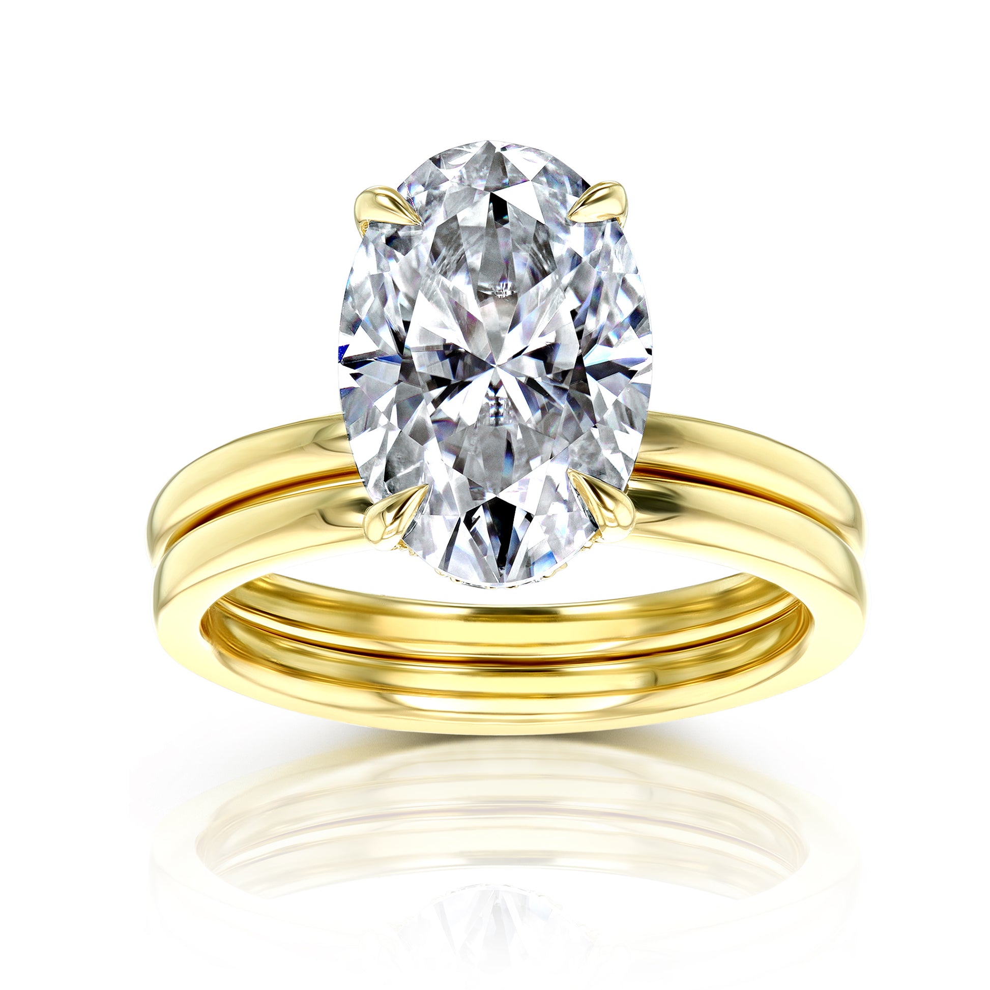 12x8mm Oval Hidden Halo Plain Bands Bridal Set in Yellow Gold