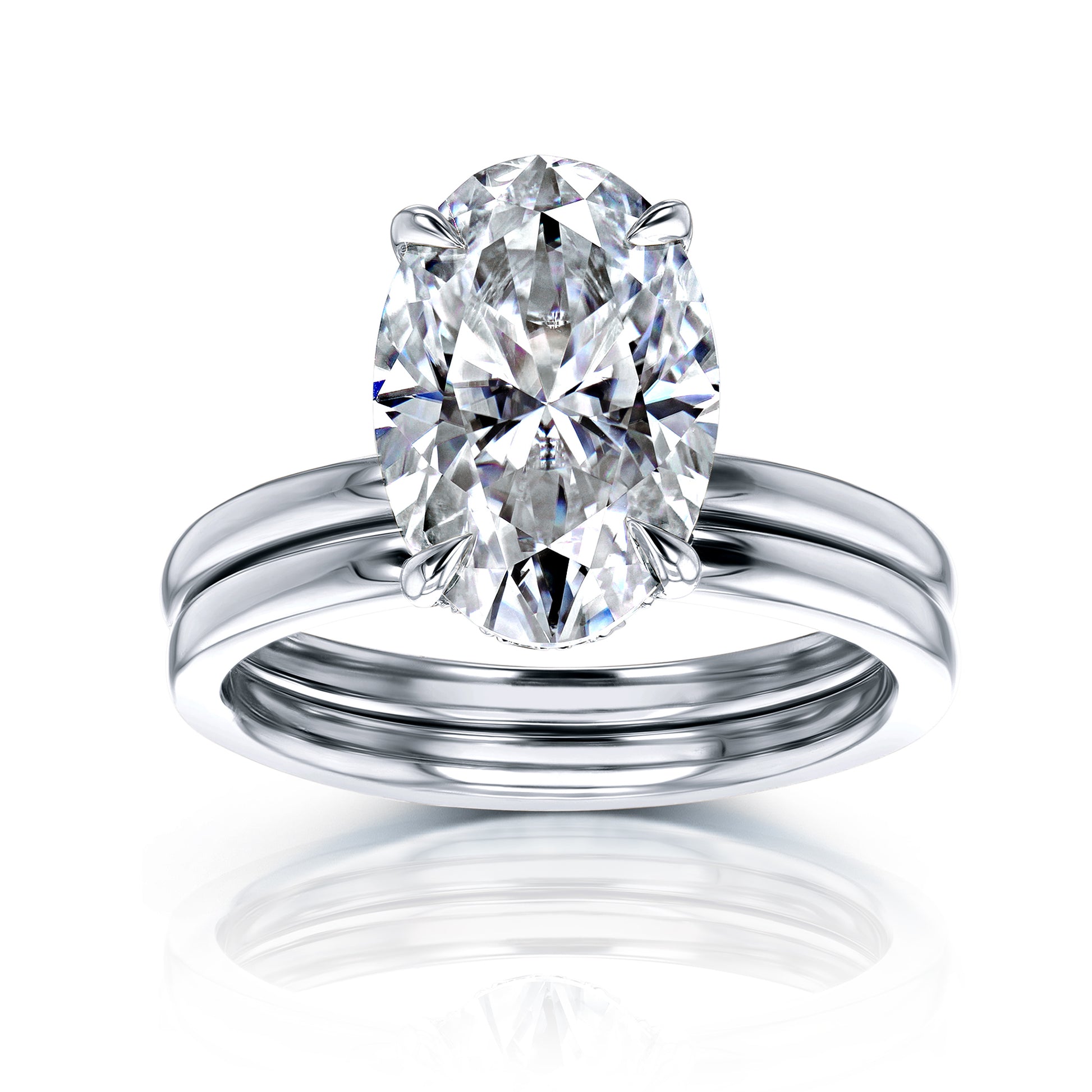 12x8mm Oval Hidden Halo Plain Bands Bridal Set in White Gold