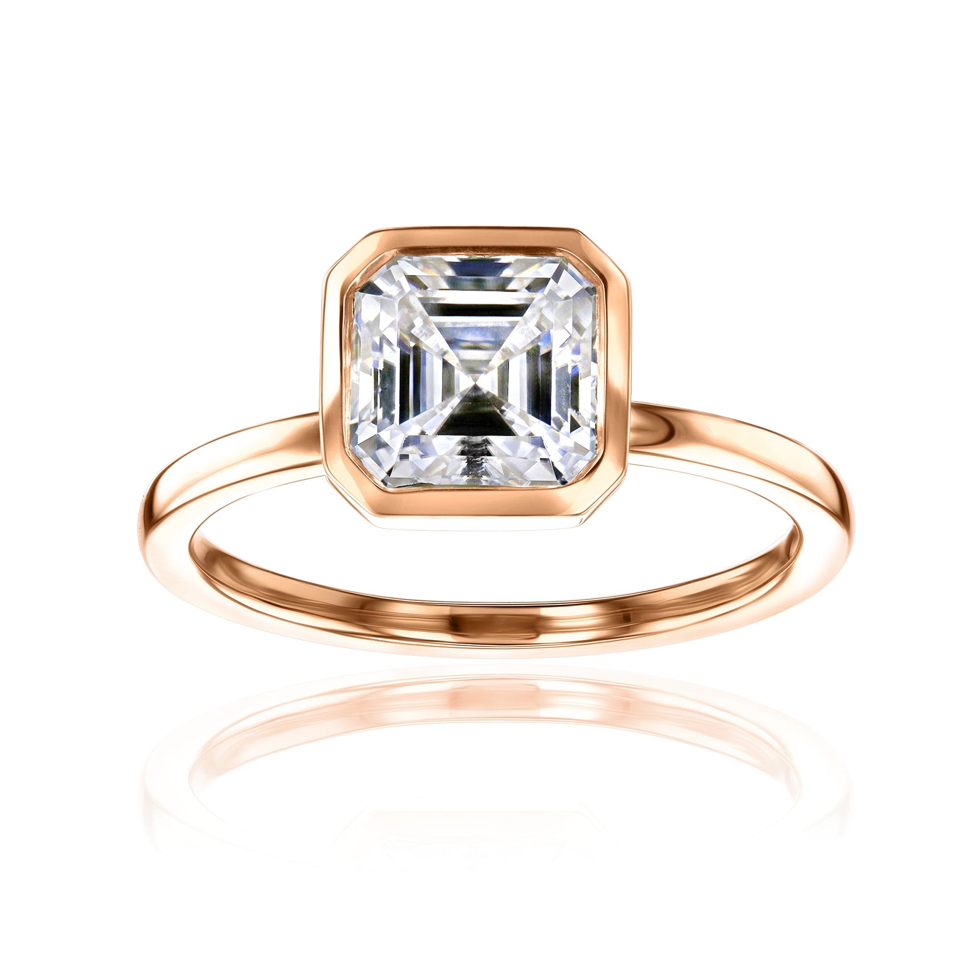 white-background image of 1.5 carat Asscher bezel-set in rose gold