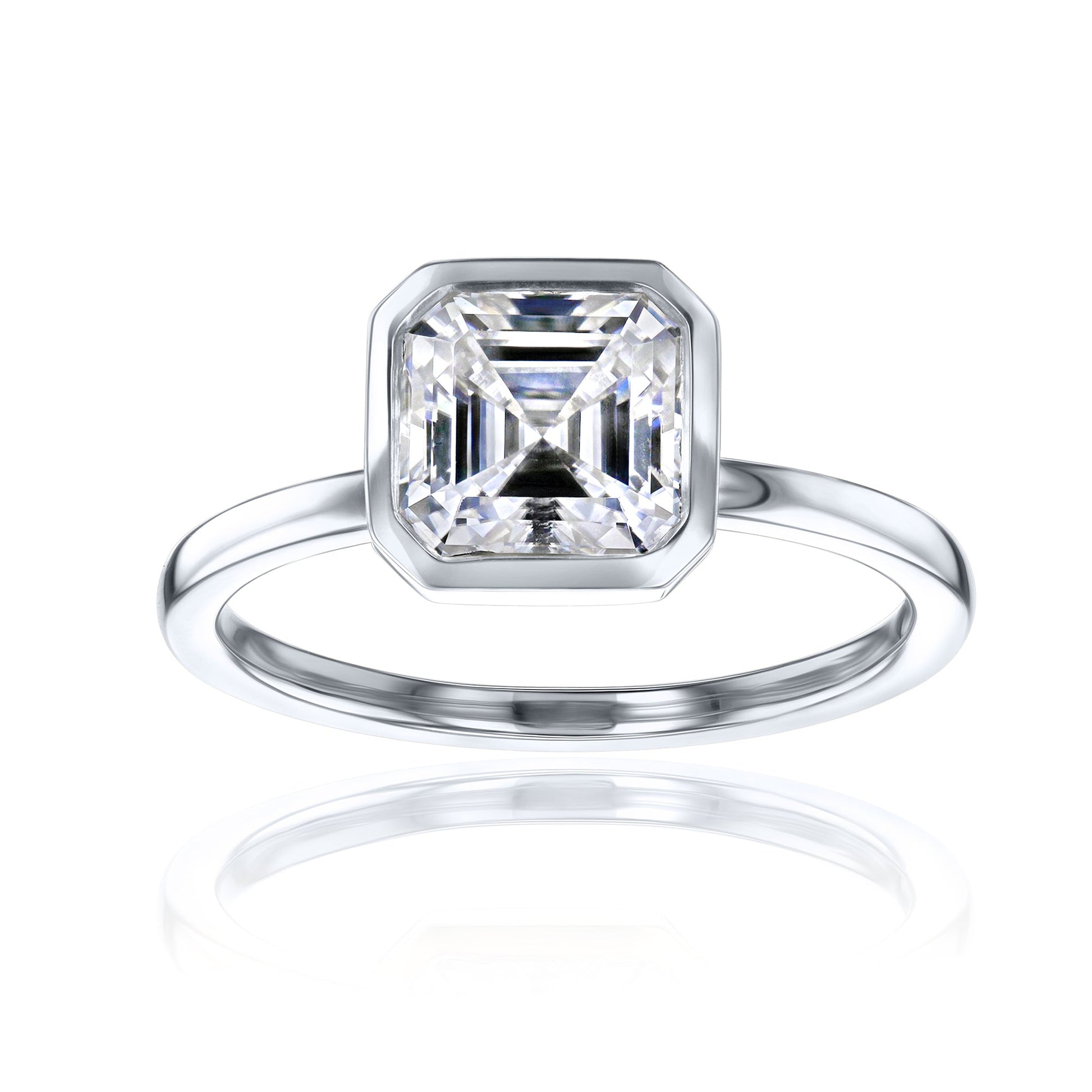 white-background image of 1.5 carat Asscher bezel-set in white gold
