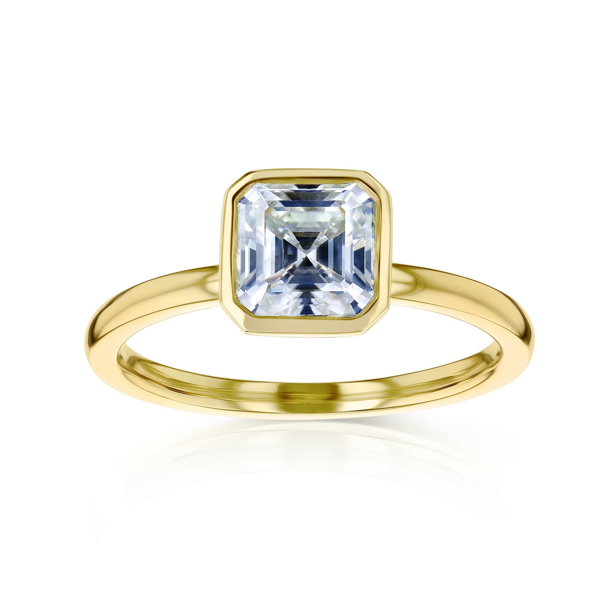 white-background image of 1 carat Asscher bezel-set in yellow gold