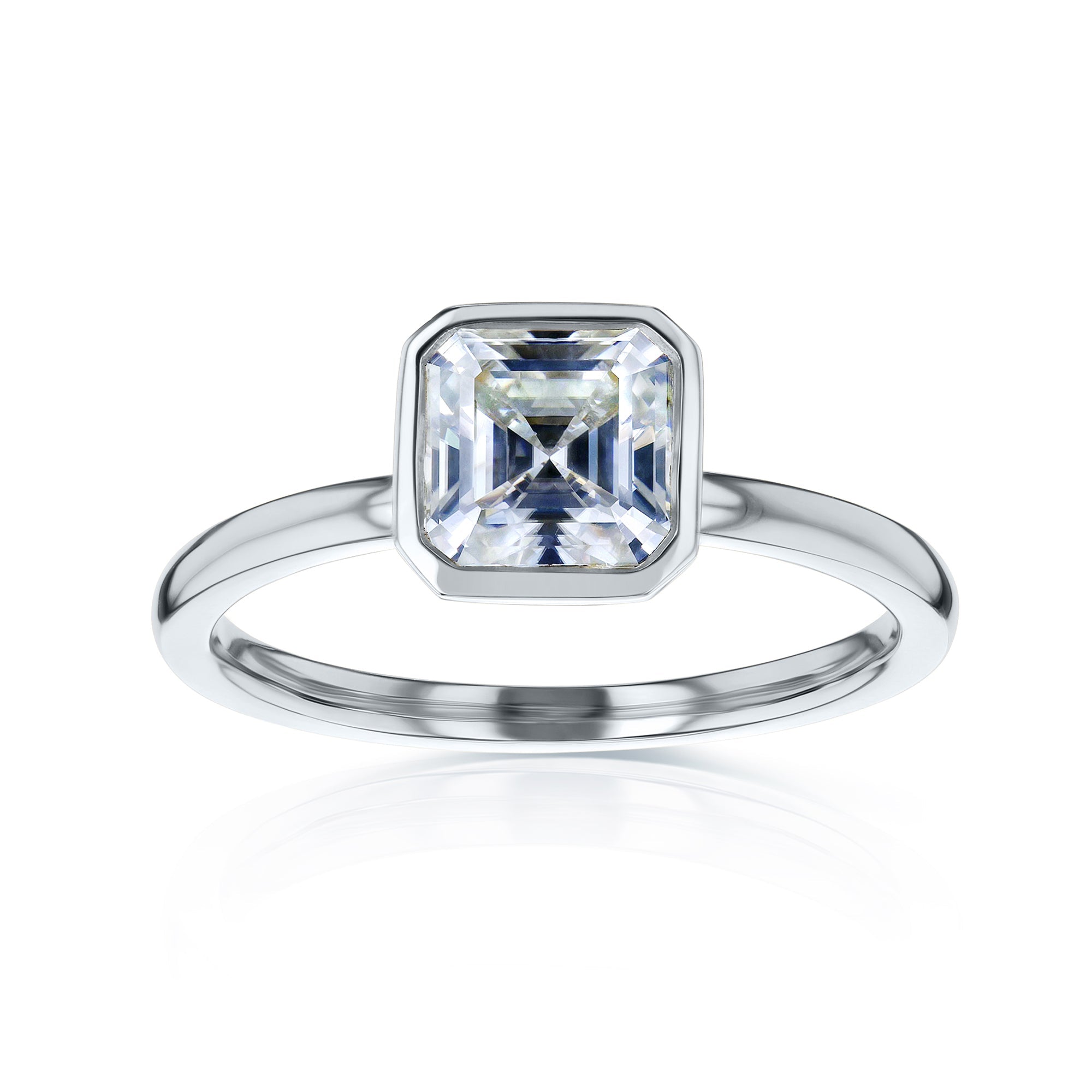 white-background image of 1 carat Asscher bezel-set in white gold