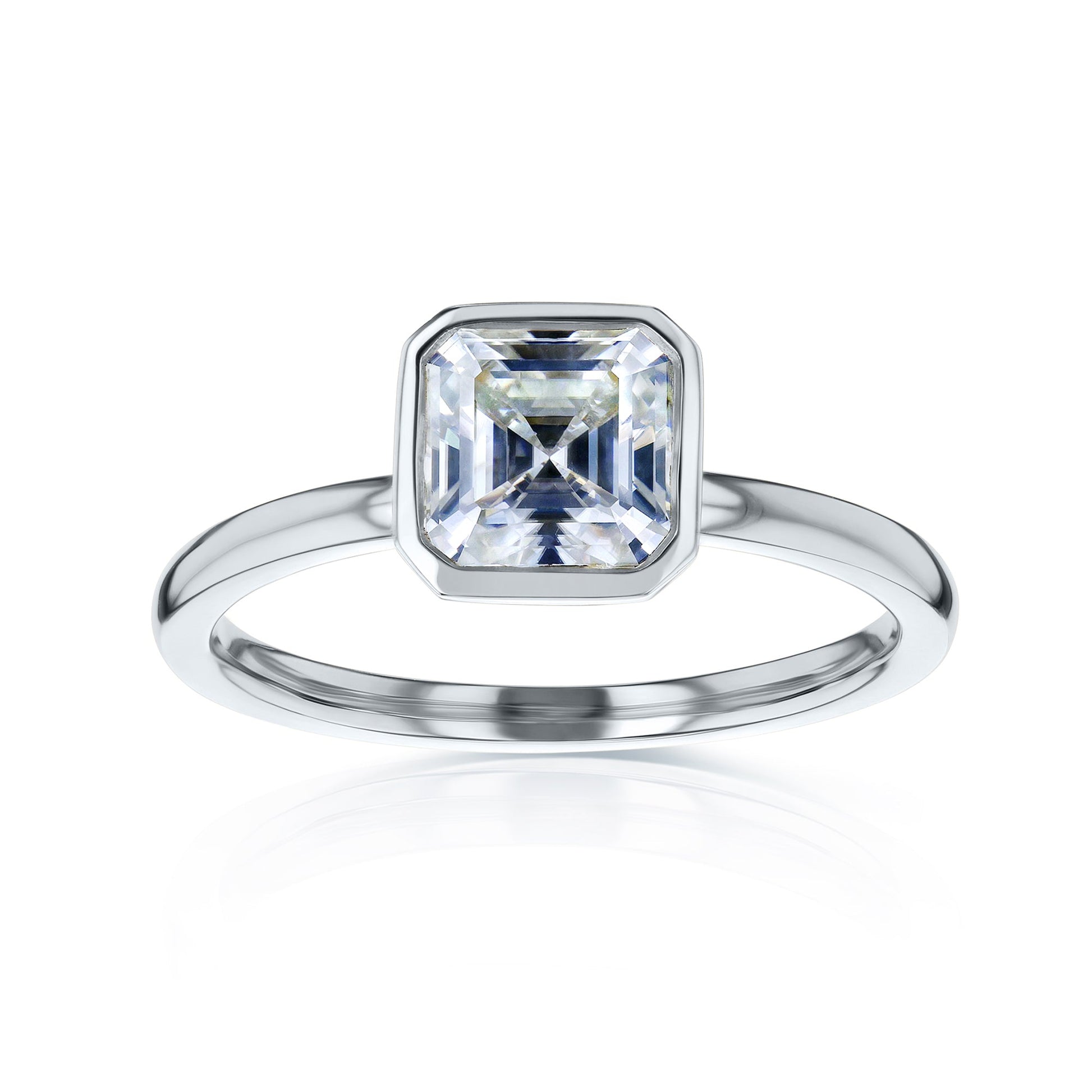 white-background image of 1 carat Asscher bezel-set in white gold
