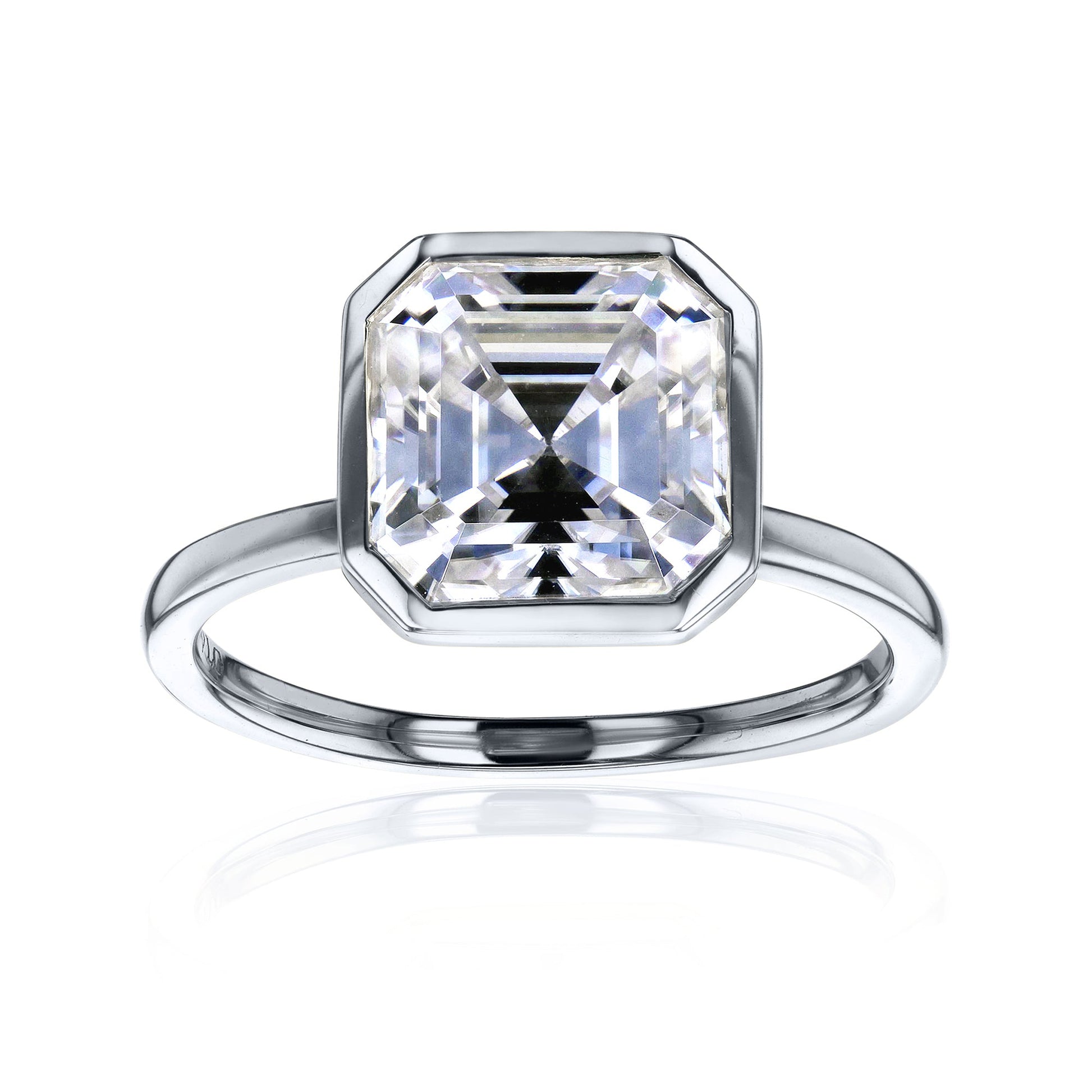 white-background image of 3 carat Asscher bezel-set in white gold