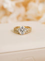 Engagement ring and wedding band stack perfectly together