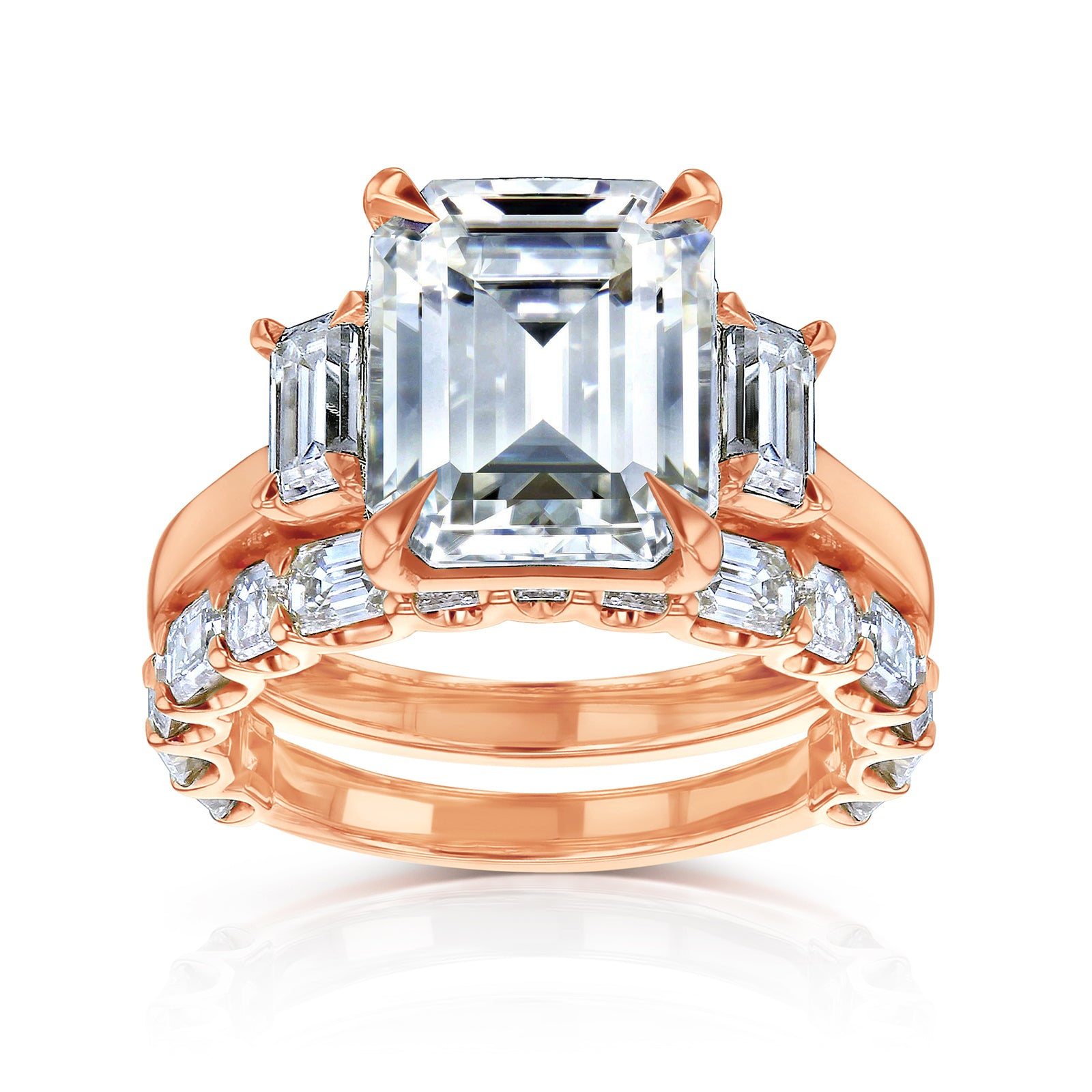 Kobelli 7.3 Carat Moissanite and Lab Grown Diamond Esma Bridal Set in Rose Gold - 3-Stone Emerald-cut Engagement Ring with Mixed Step-cut Wedding Band