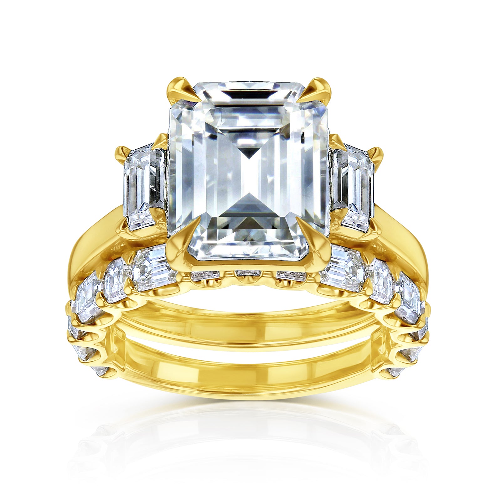 Kobelli 7.3 Carat Moissanite and Lab Grown Diamond Esma Bridal Set in Yellow Gold - 3-Stone Emerald-cut Engagement Ring with Mixed Step-cut Wedding Band