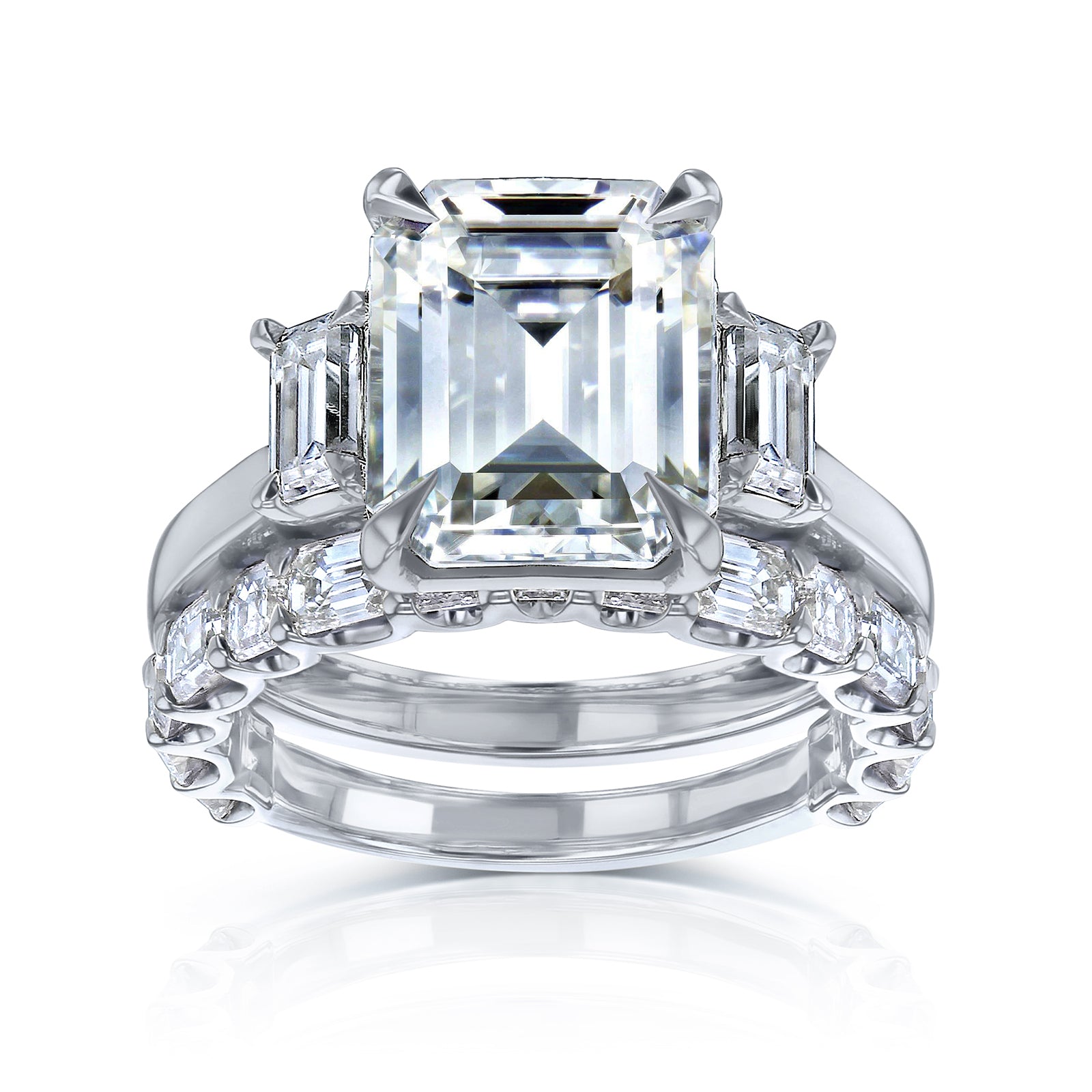 Kobelli 7.3 Carat Moissanite and Lab Grown Diamond Esma Bridal Set in White Gold - 3-Stone Emerald-cut Engagement Ring with Mixed Step-cut Wedding Band