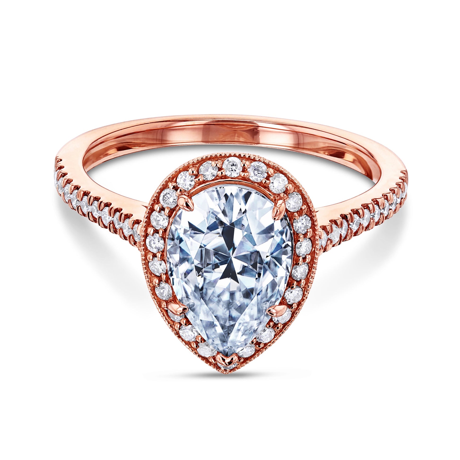 Kobelli Pear Shaped Halo Near Eternity Diamond Engagement Ring in Solid 14k Rose Gold