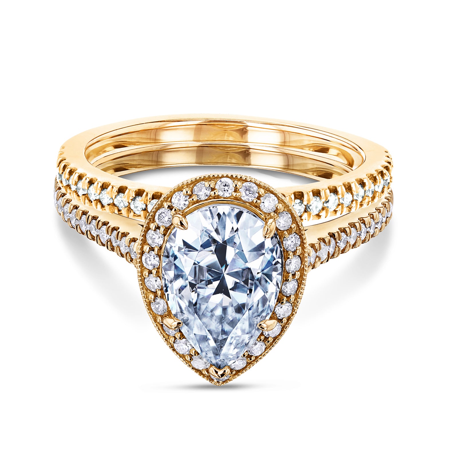 Pear Halo Original Bridal Ring & Matching Wedding Band in yellow gold metal