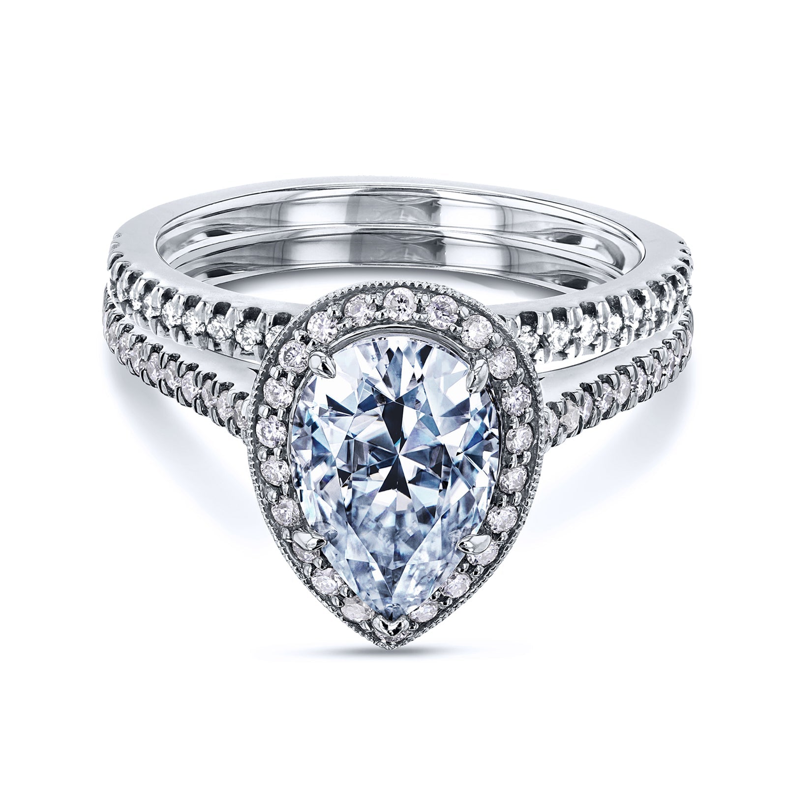 Kobelli Pear Shaped Halo Near Eternity Diamond Engagement Ring and Wedding Band in Solid 14k White Gold
