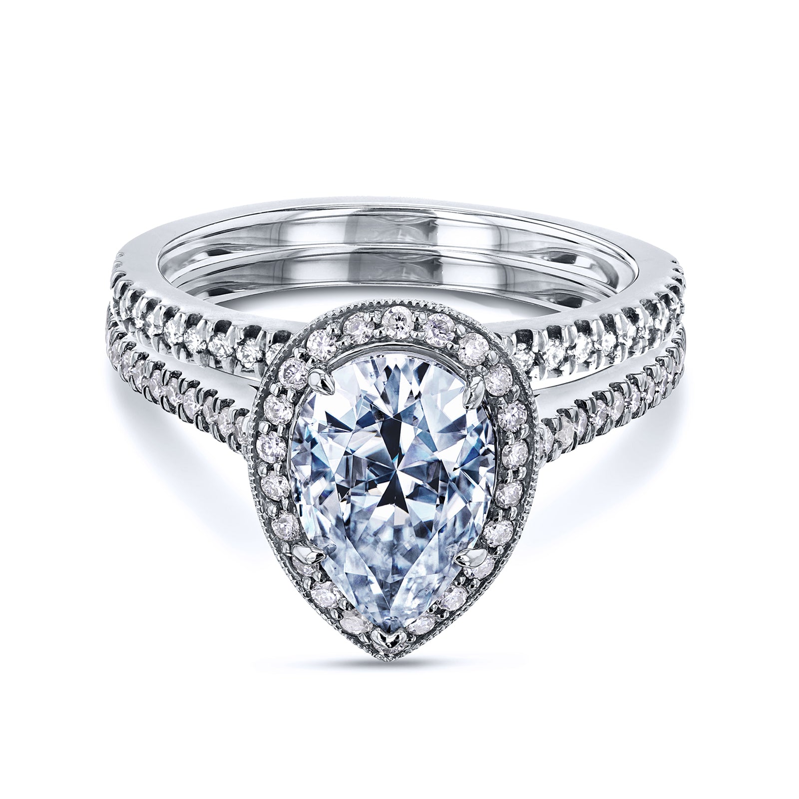 Pear Halo Original Bridal Ring & Matching Wedding Band in white gold metal