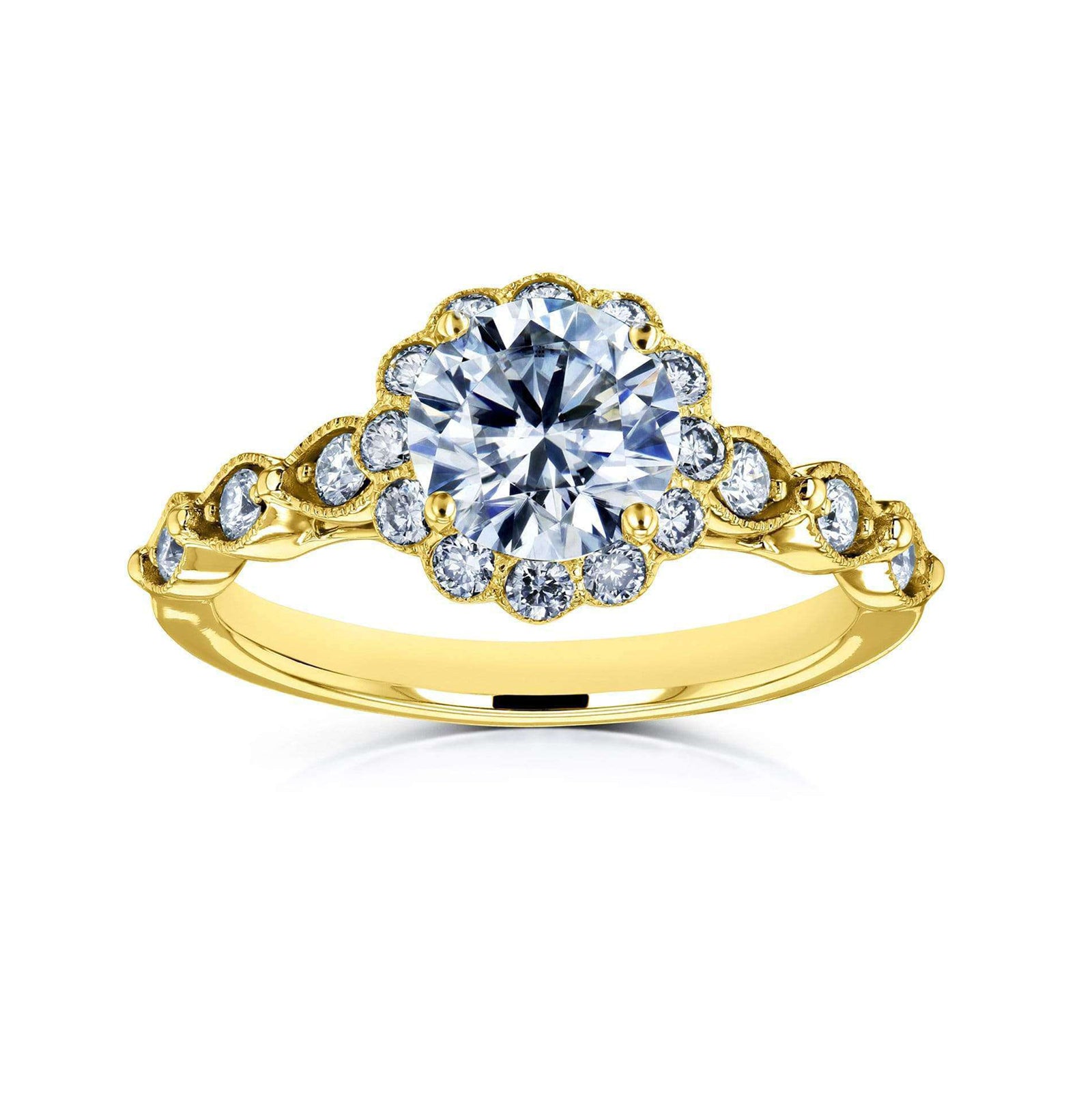 Kobelli Round Moissanite and Diamond Floral Engagement Ring 1 1/3 CTW 14k Yellow Gold