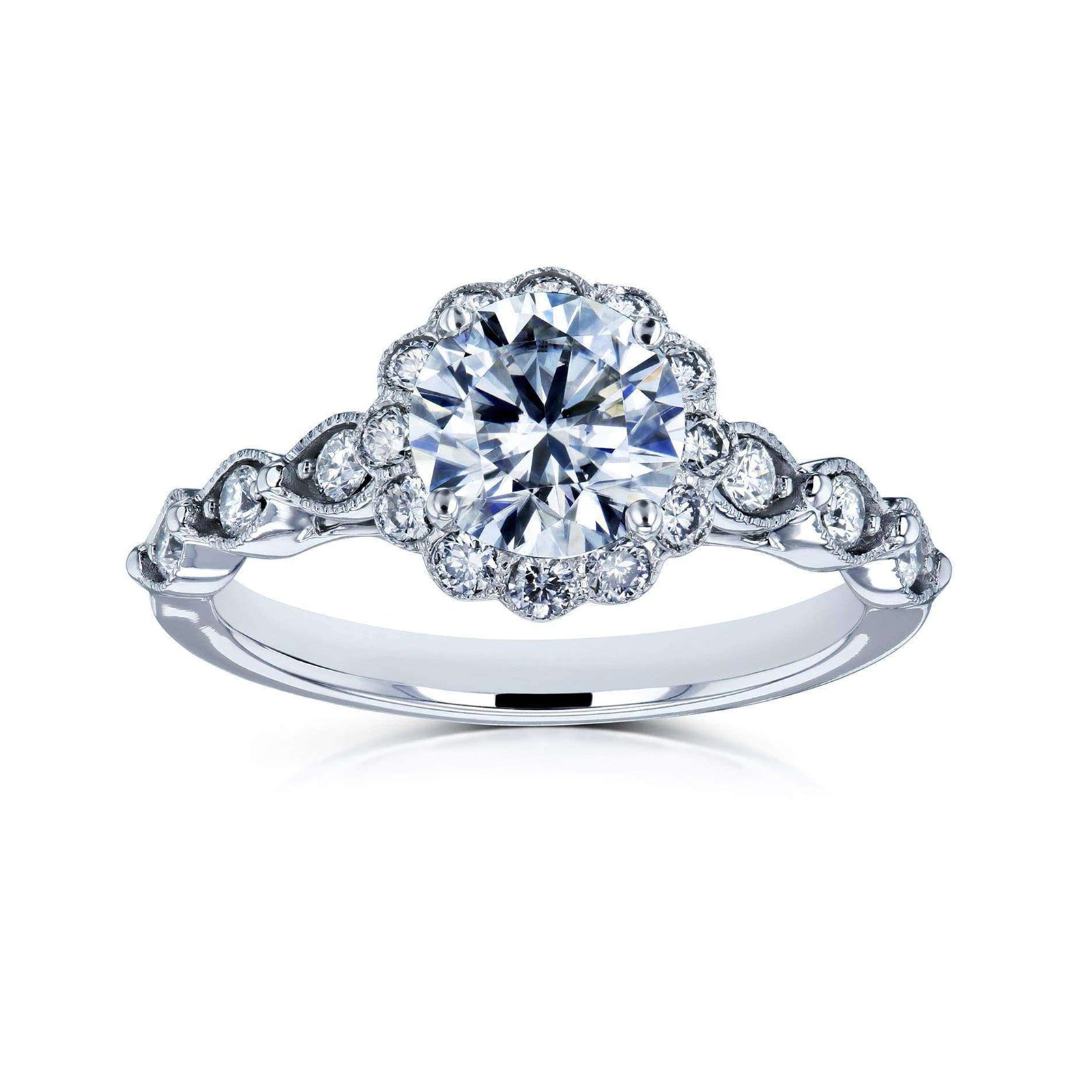 Kobelli Round Moissanite and Diamond Floral Engagement Ring 1 1/3 CTW 14k White Gold