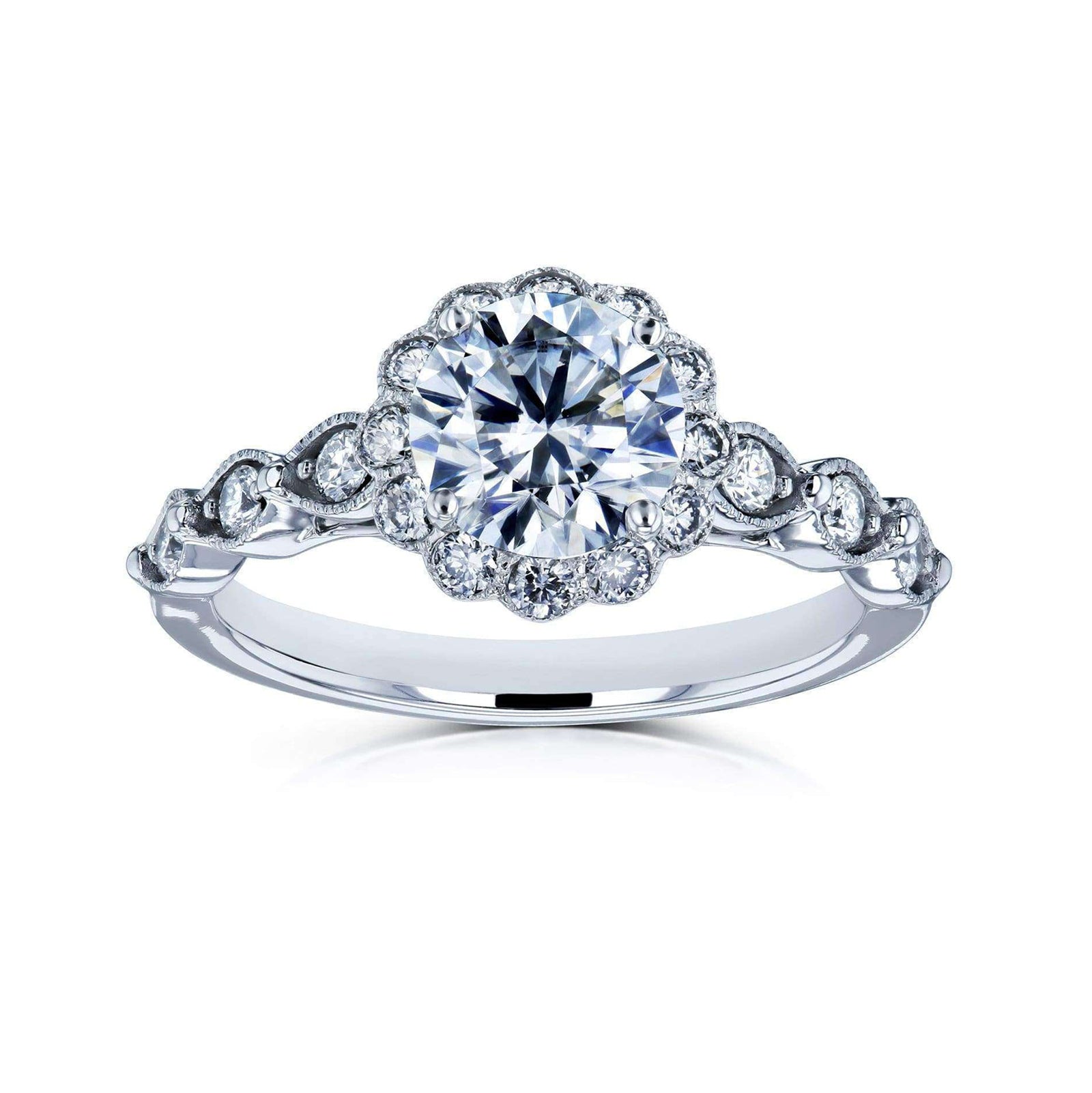 Kobelli Round Moissanite and Diamond Floral Engagement Ring 1 1/3 CTW 14k White Gold