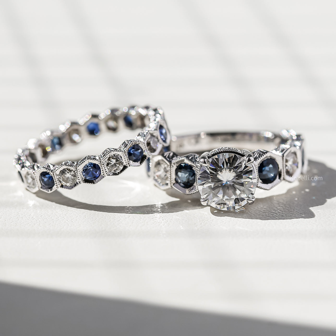Kobelli Art Deco Hexagonal Eternity Bridal Rings
